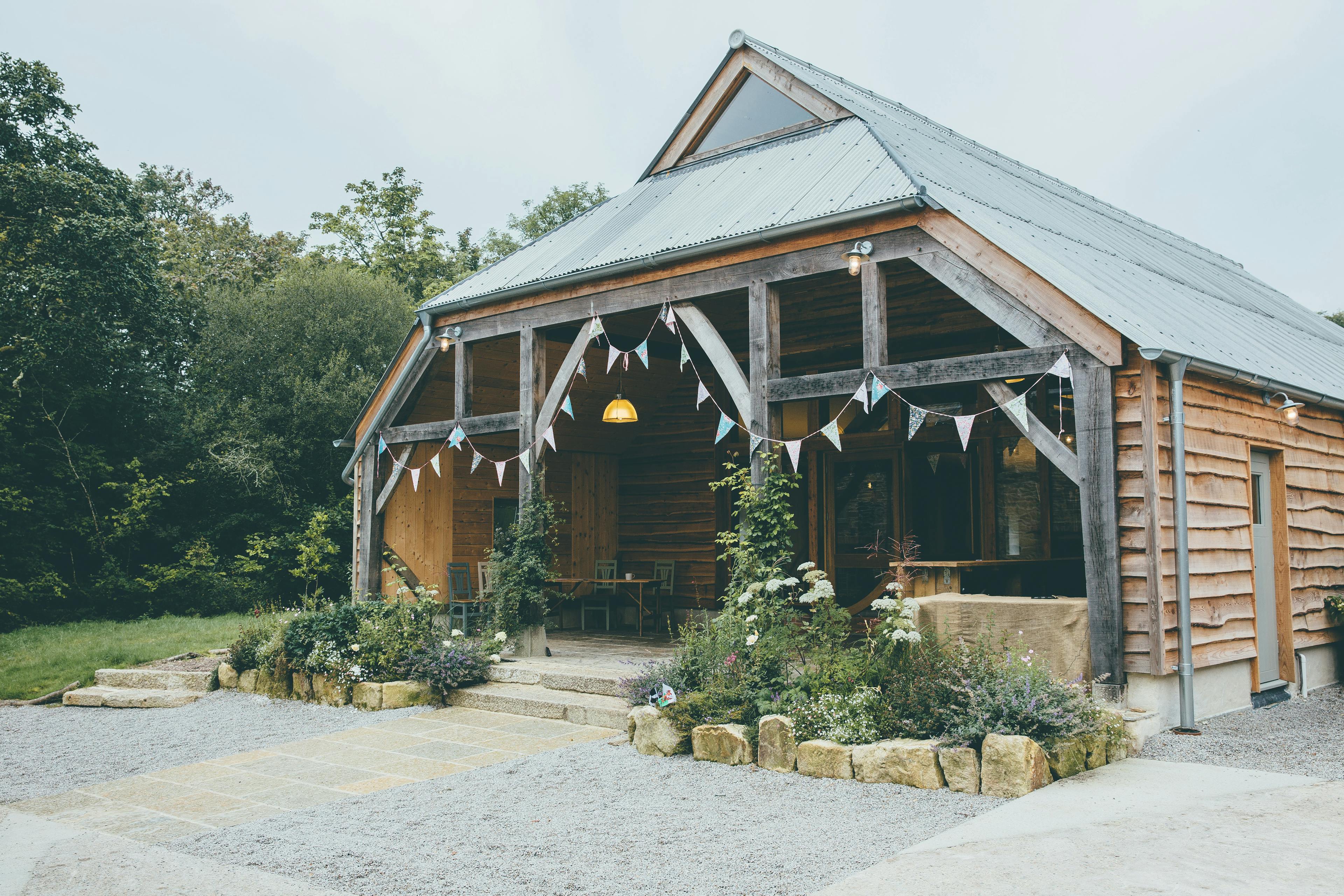 The entrance of an oak framed wedding barn