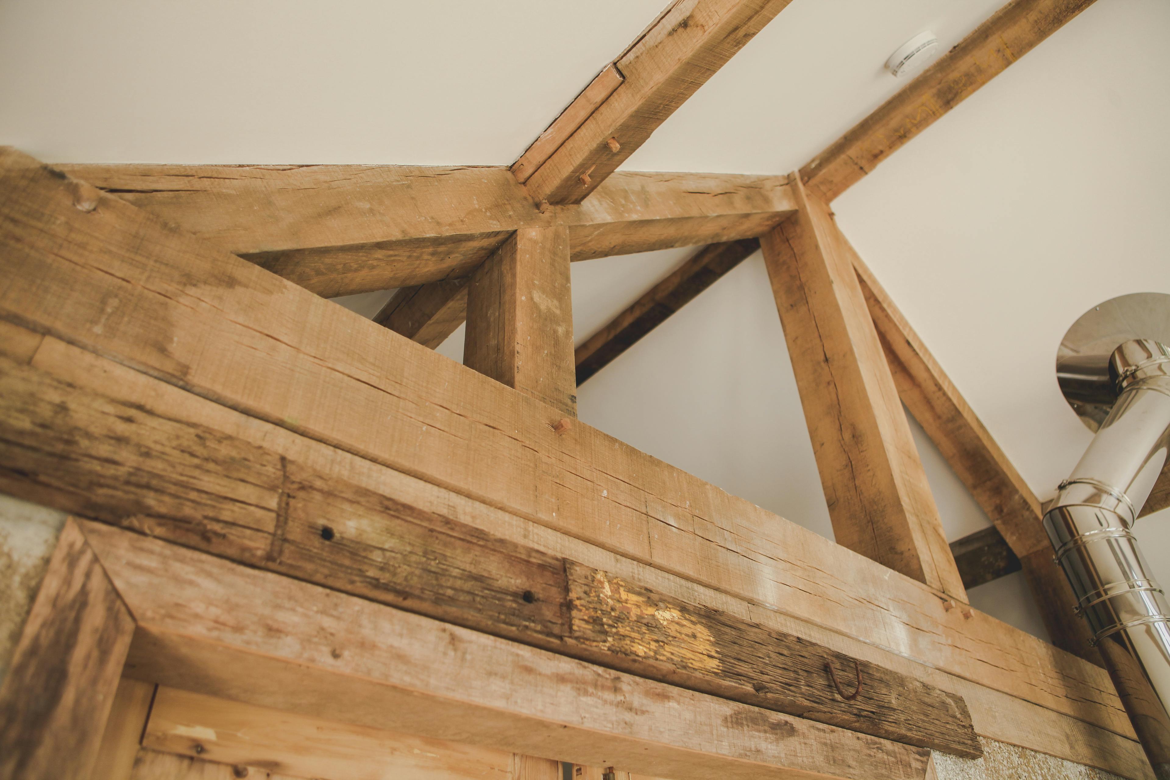 The detail of the frame in an oak frame cabin