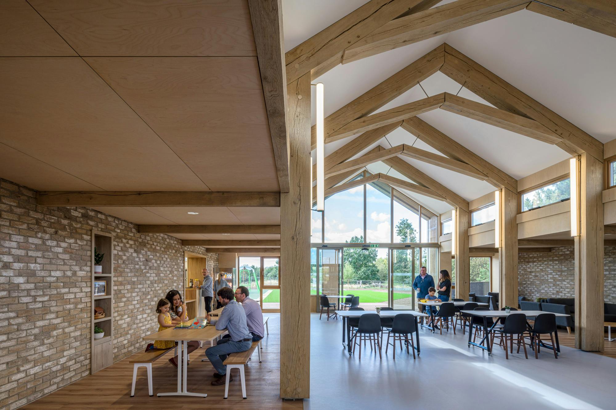 A children's hospital with a large portal oak framed atrium