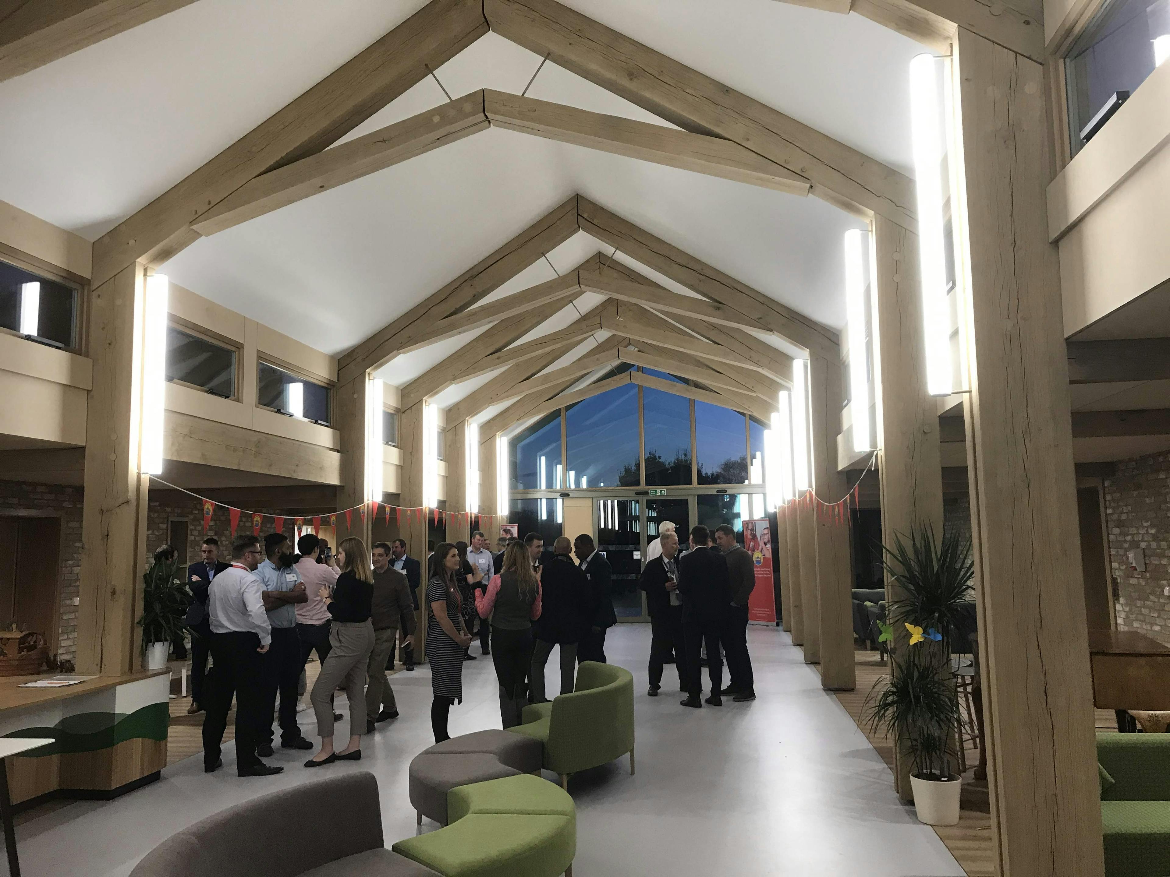 A children's hospital with a large portal oak framed atrium