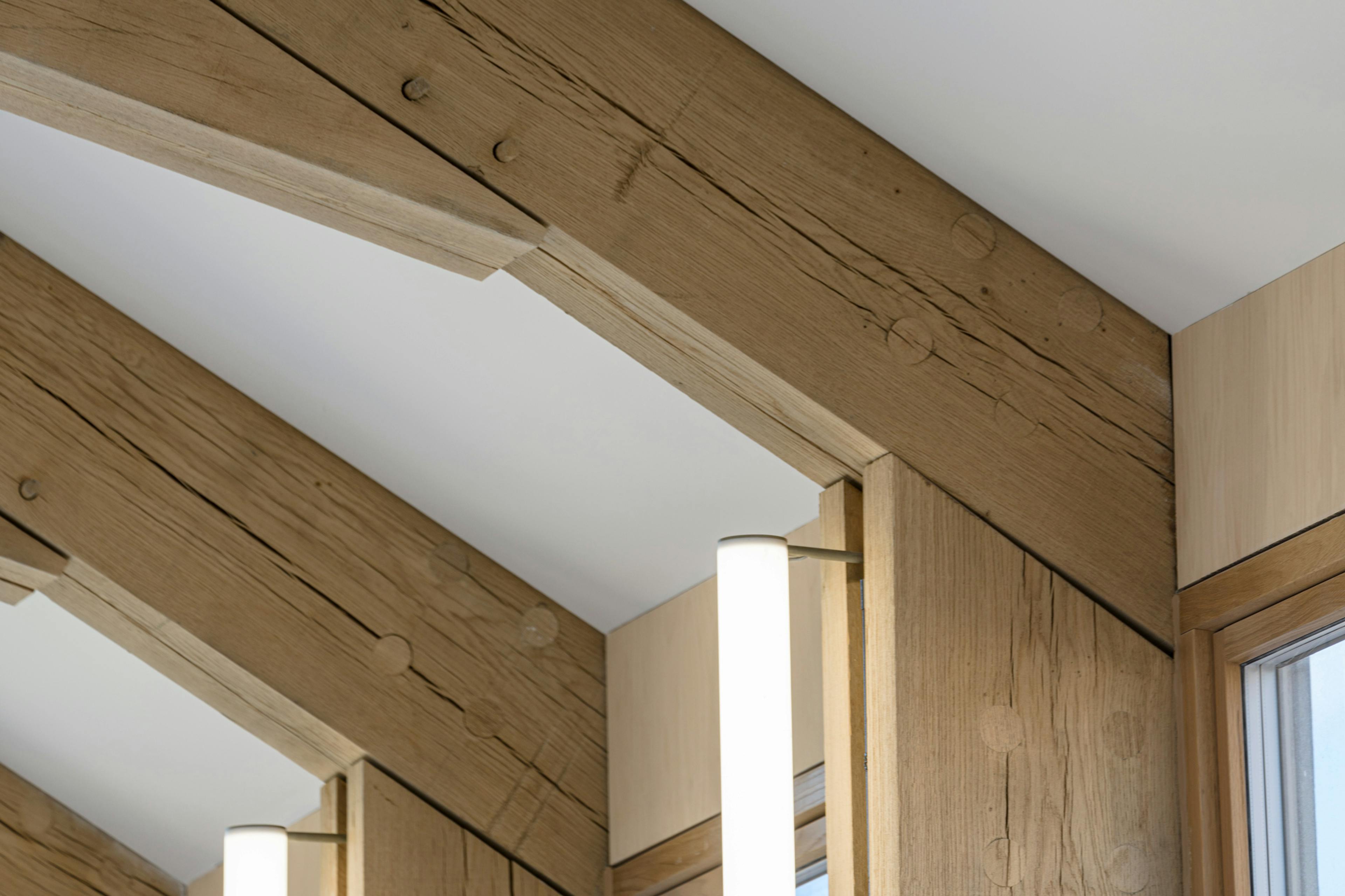 A close up image of an oak portal frame