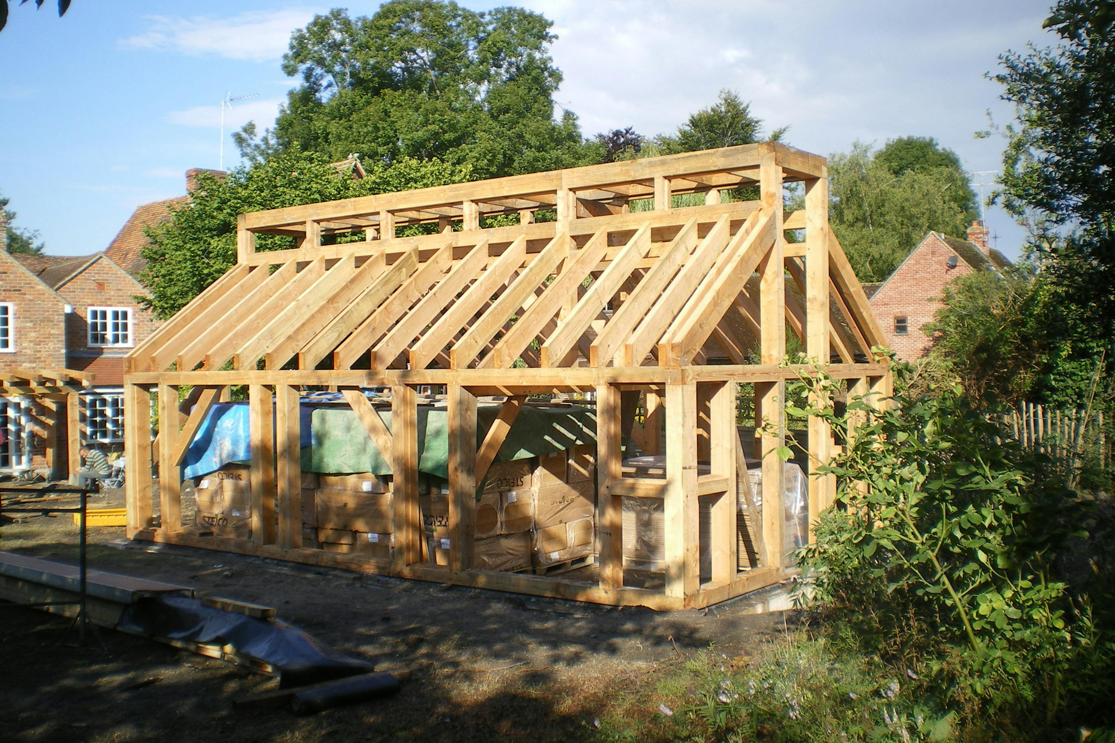 A Douglas fir frame during installation