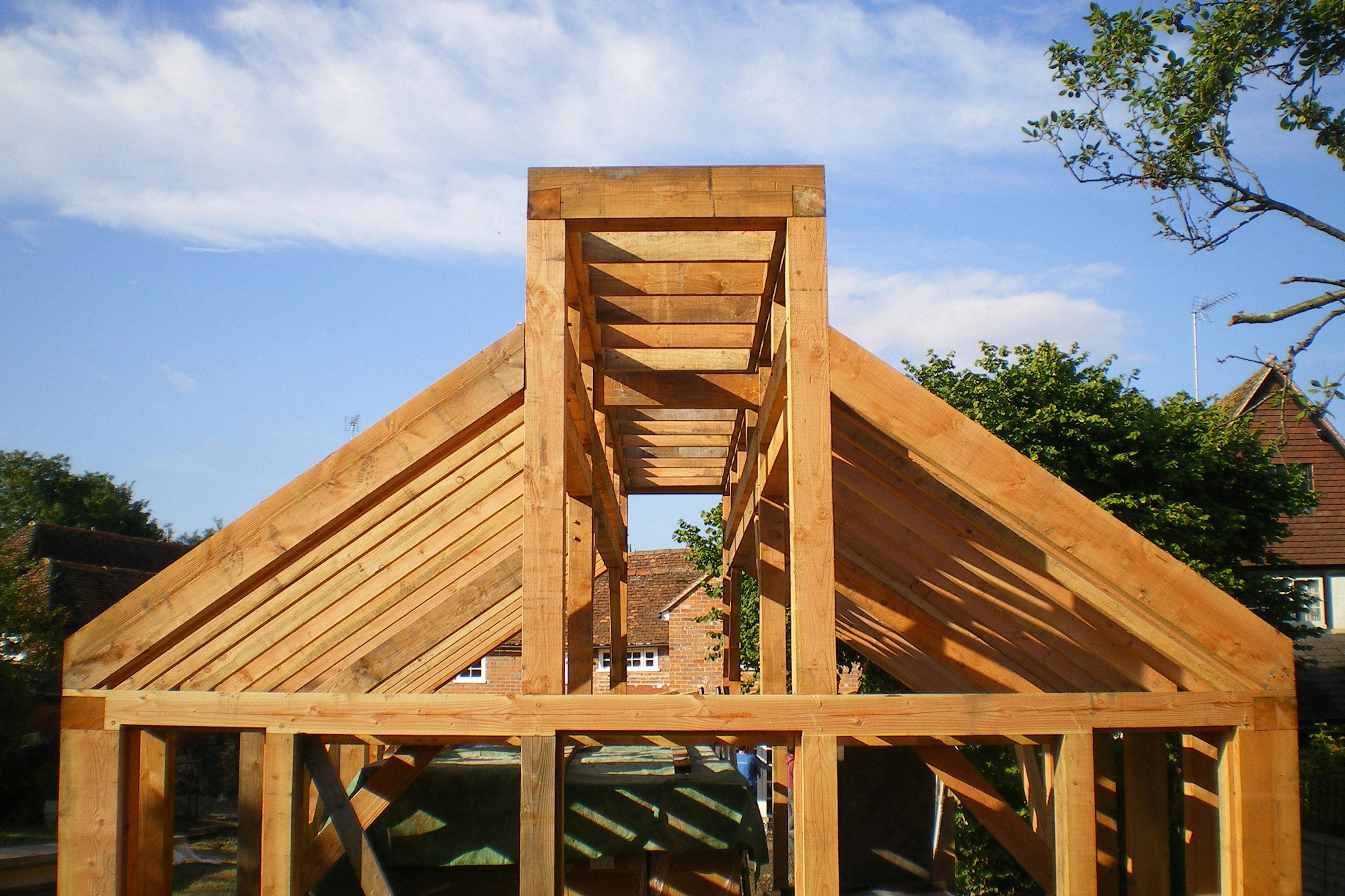 A Douglas fir frame during installation