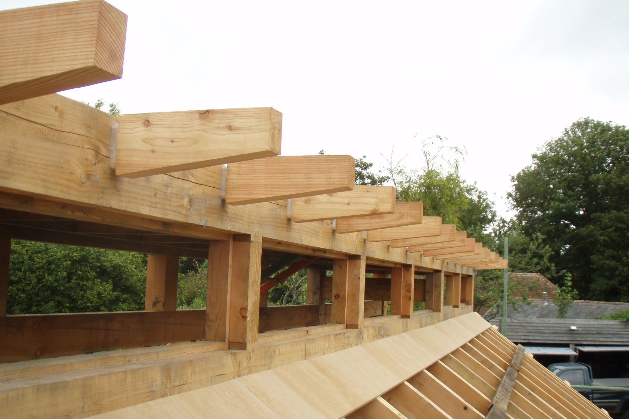 A Douglas fir frame during installation