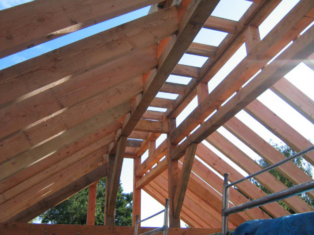 A Douglas fir frame during installation