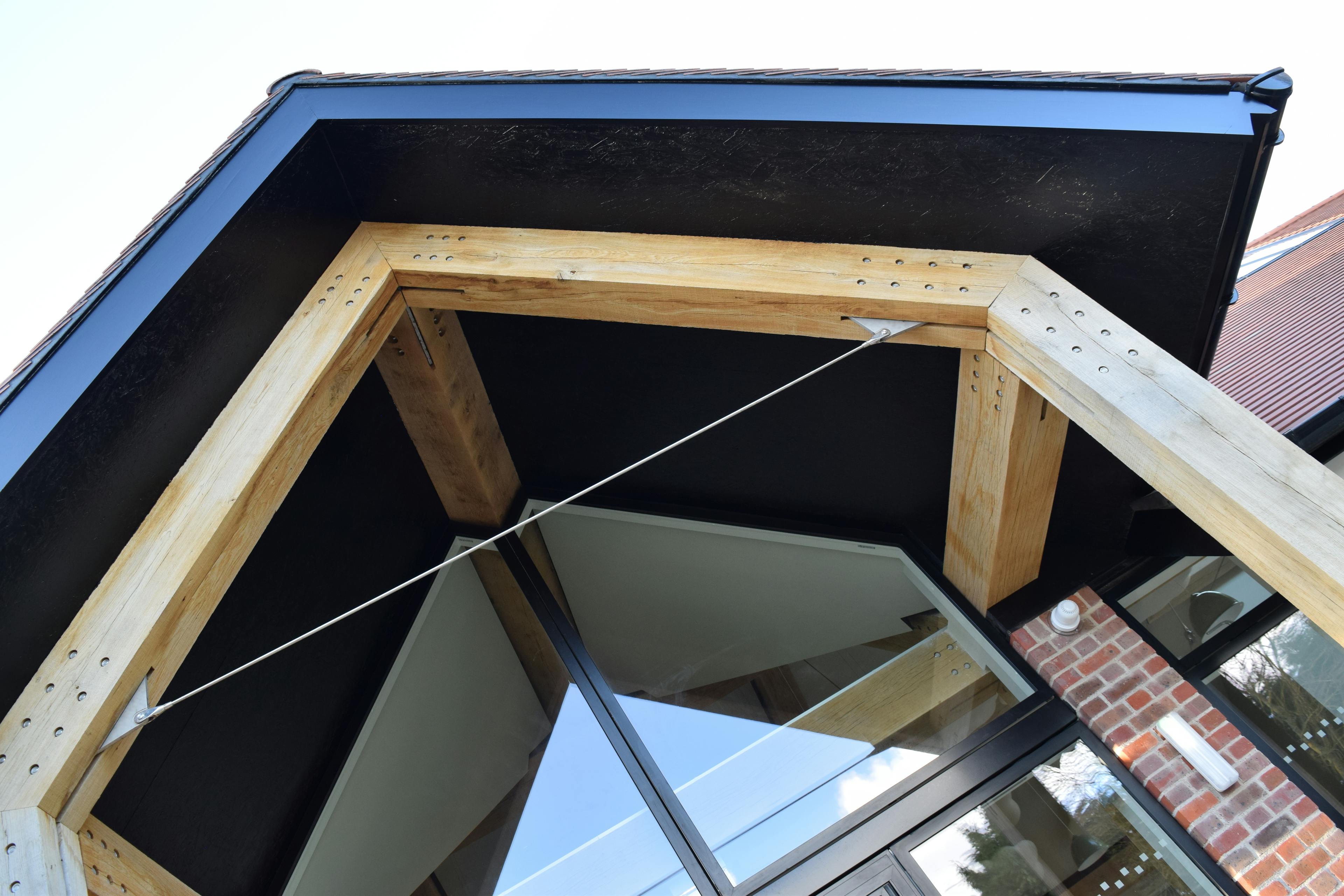 A large oak frame entrance way with steel connections 