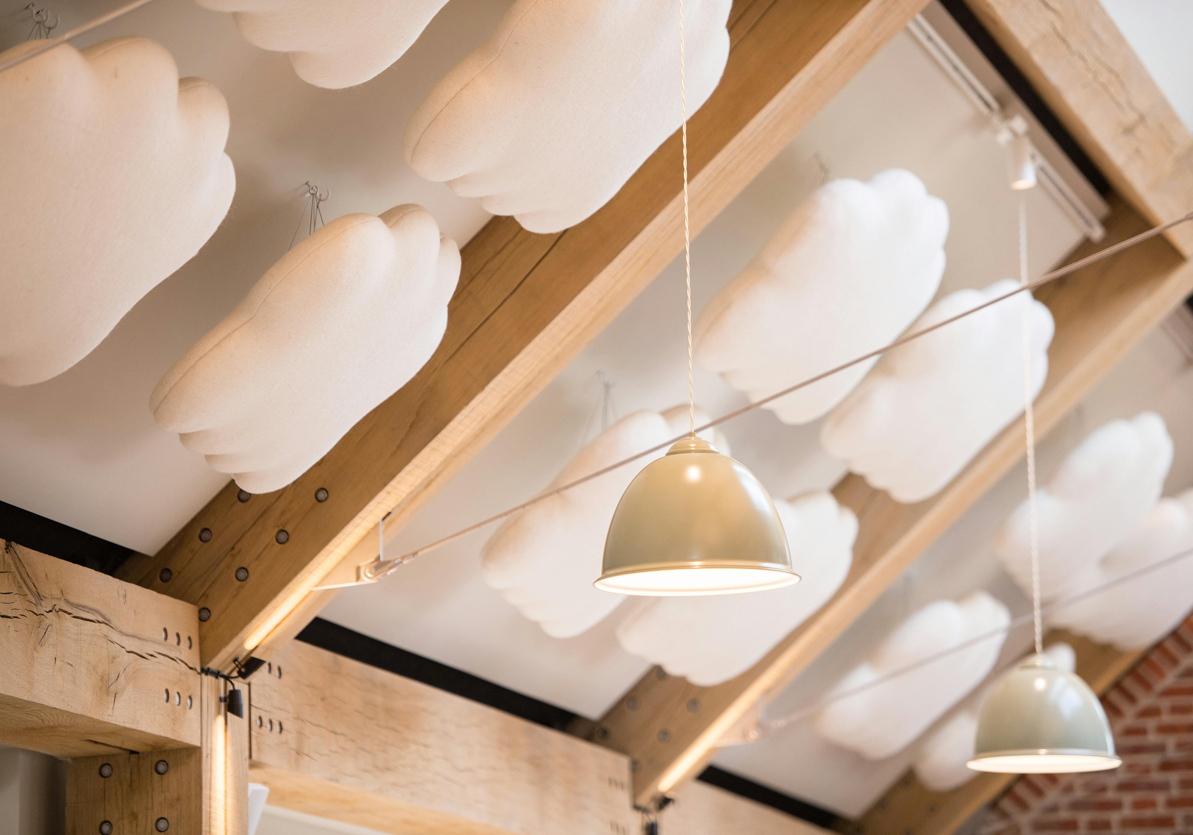 The ceiling of the Grange Hearing Dogs oak and steel framed gift shop showing a steel tie rod