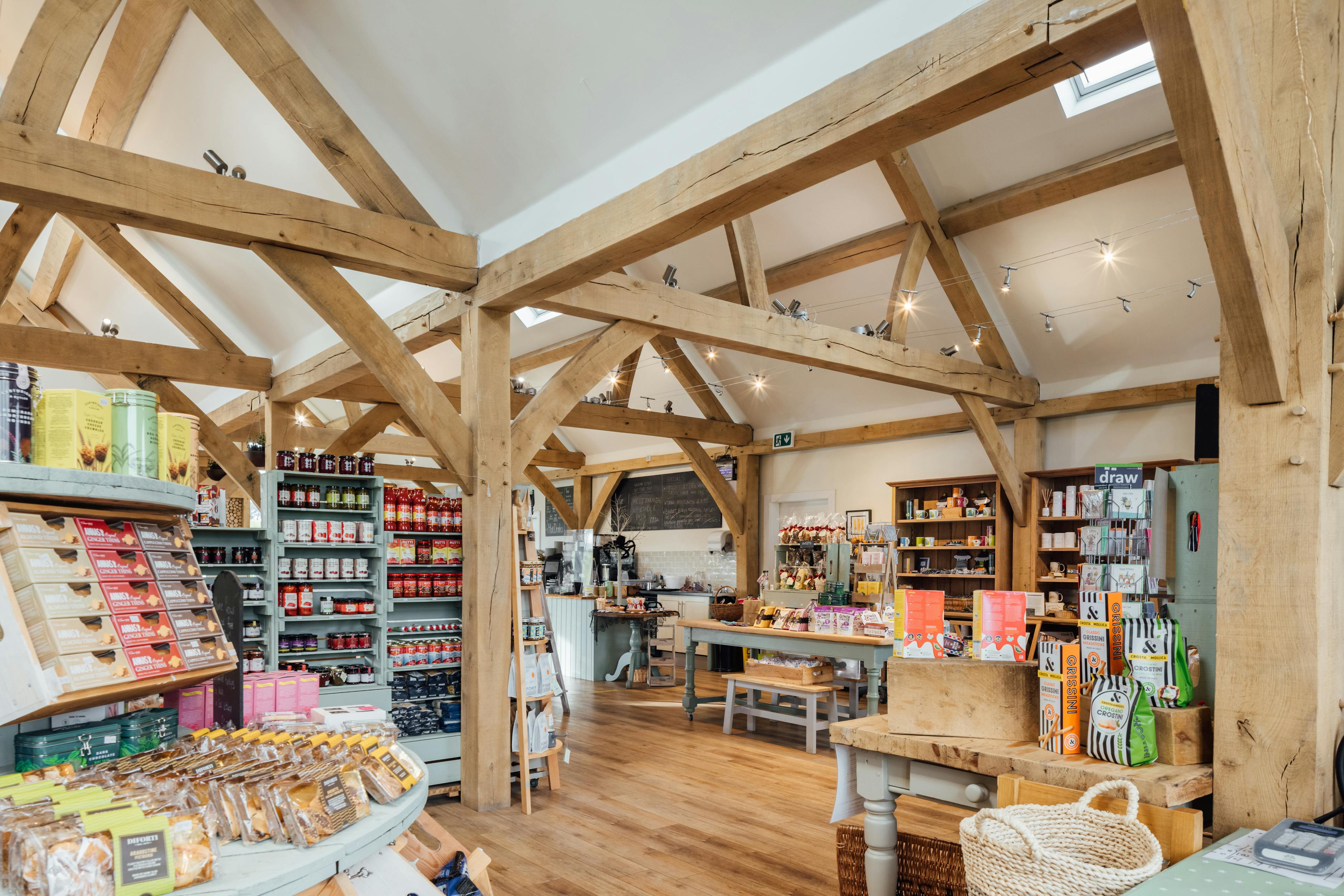 An oak framed farm shop with a vaulted ceiling