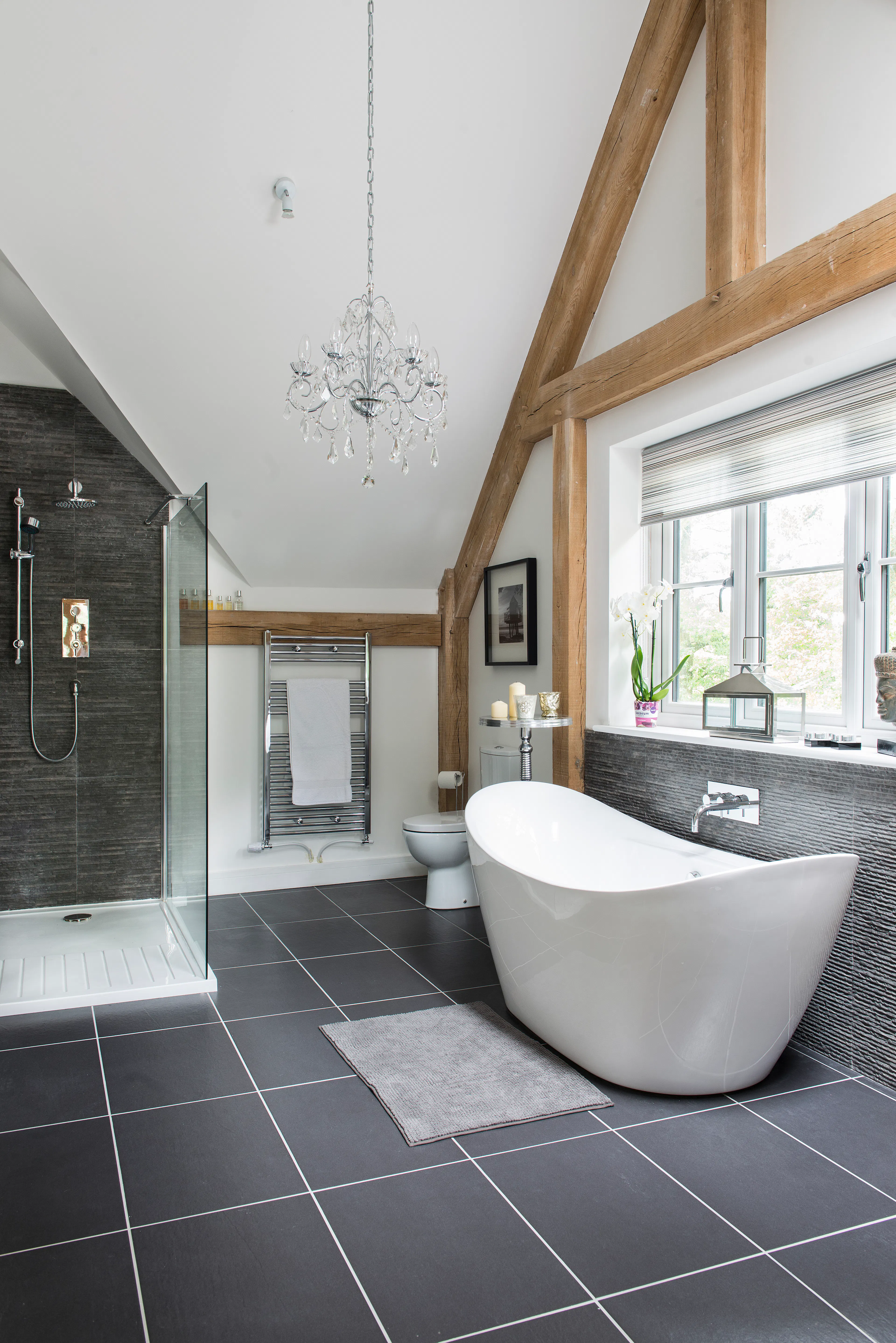 An oak framed bathroom