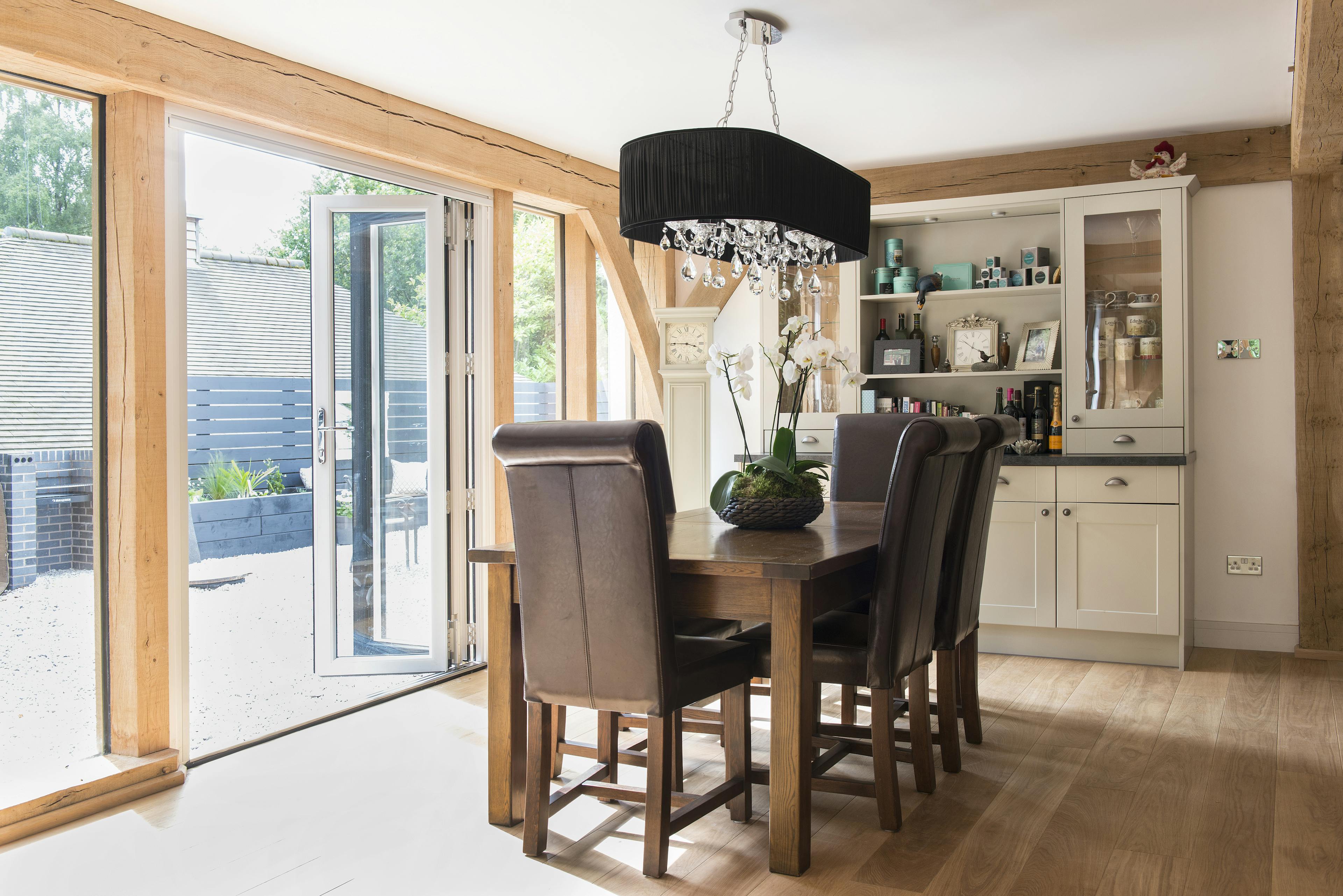 The dining area in an oak framed home