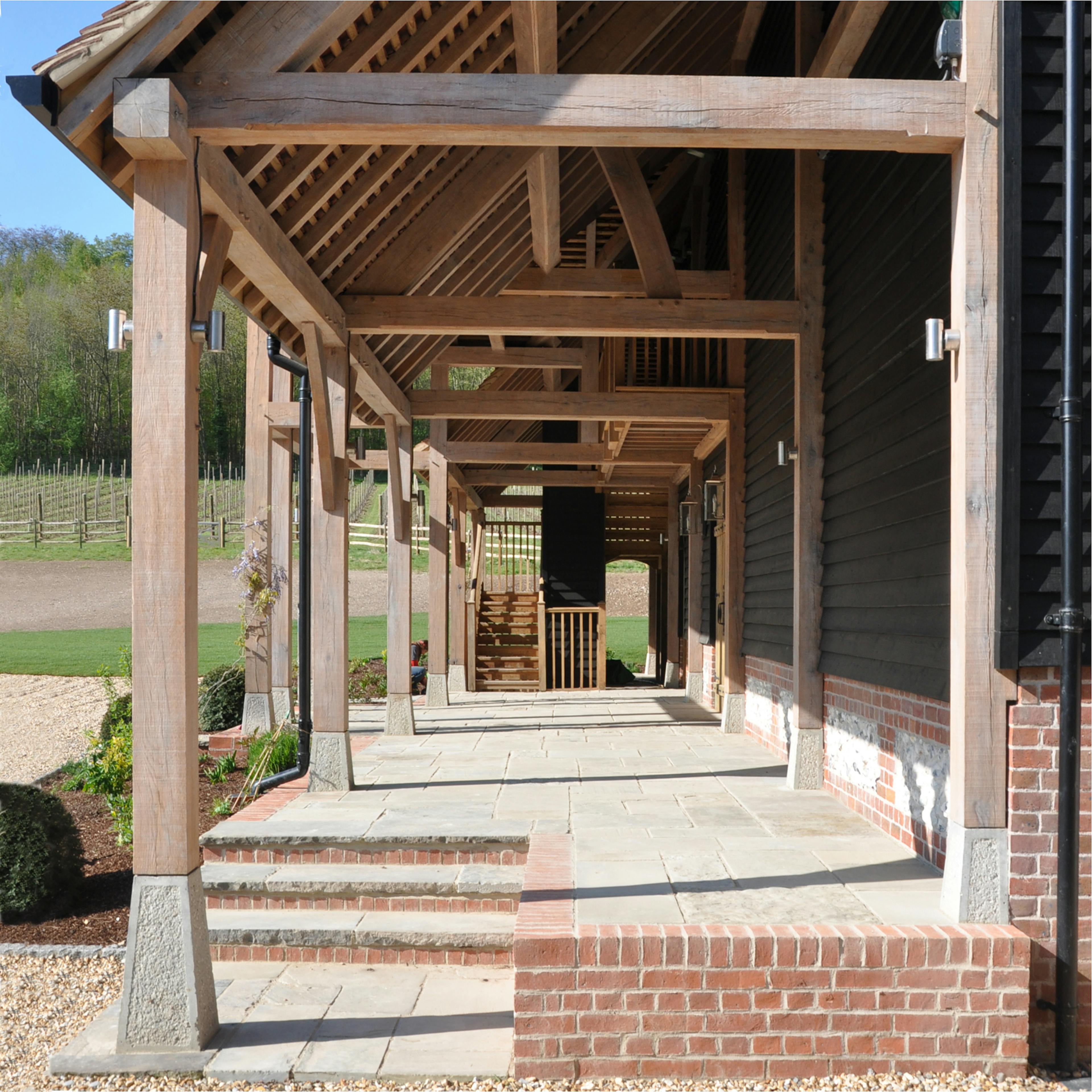 An oak framed veranda under a roof