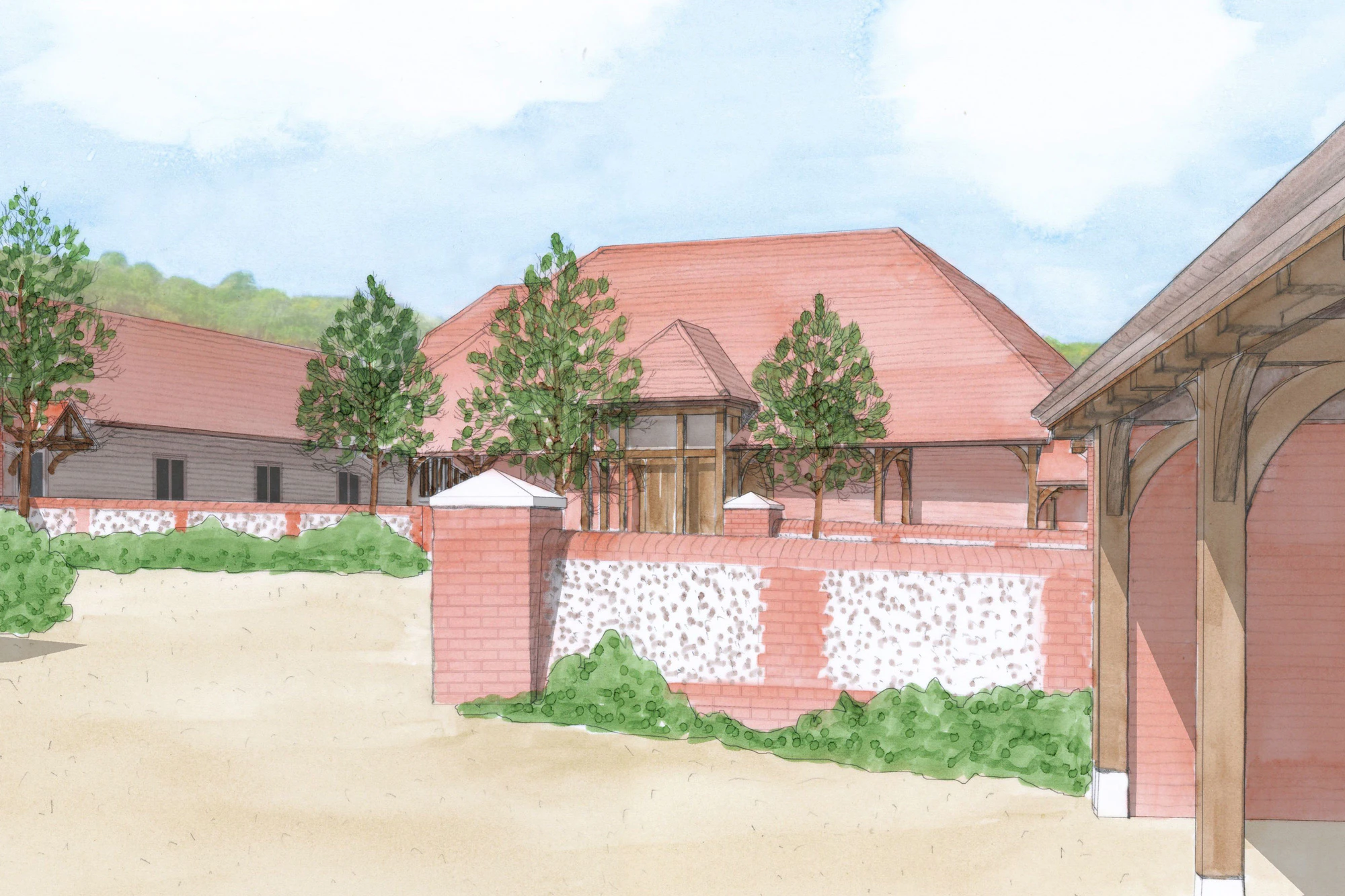 An artist's painting of a large winery building with red roof tiles and oak framed balconies and veranda