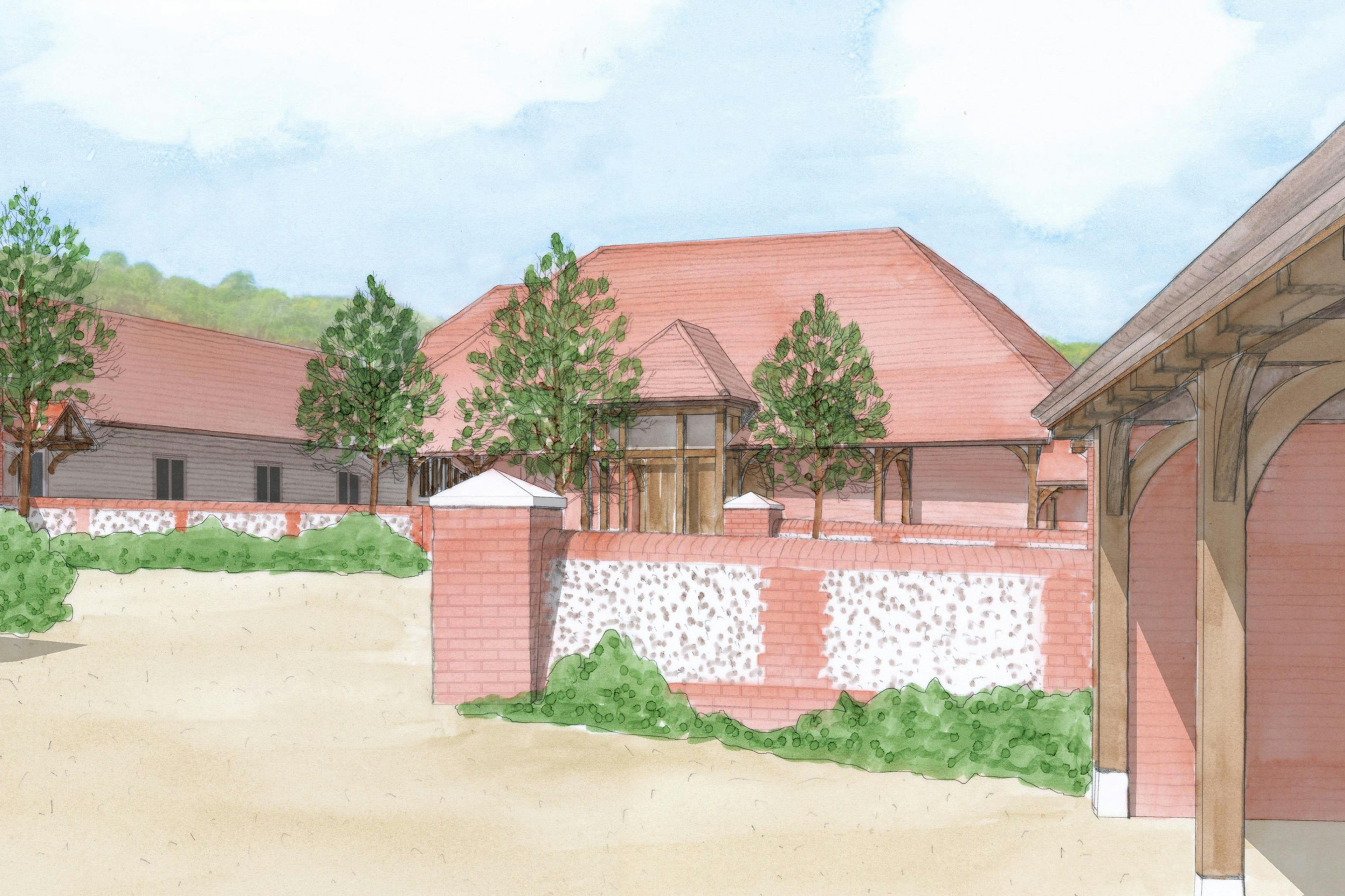 An artist's painting of a large winery building with red roof tiles and oak framed balconies and veranda