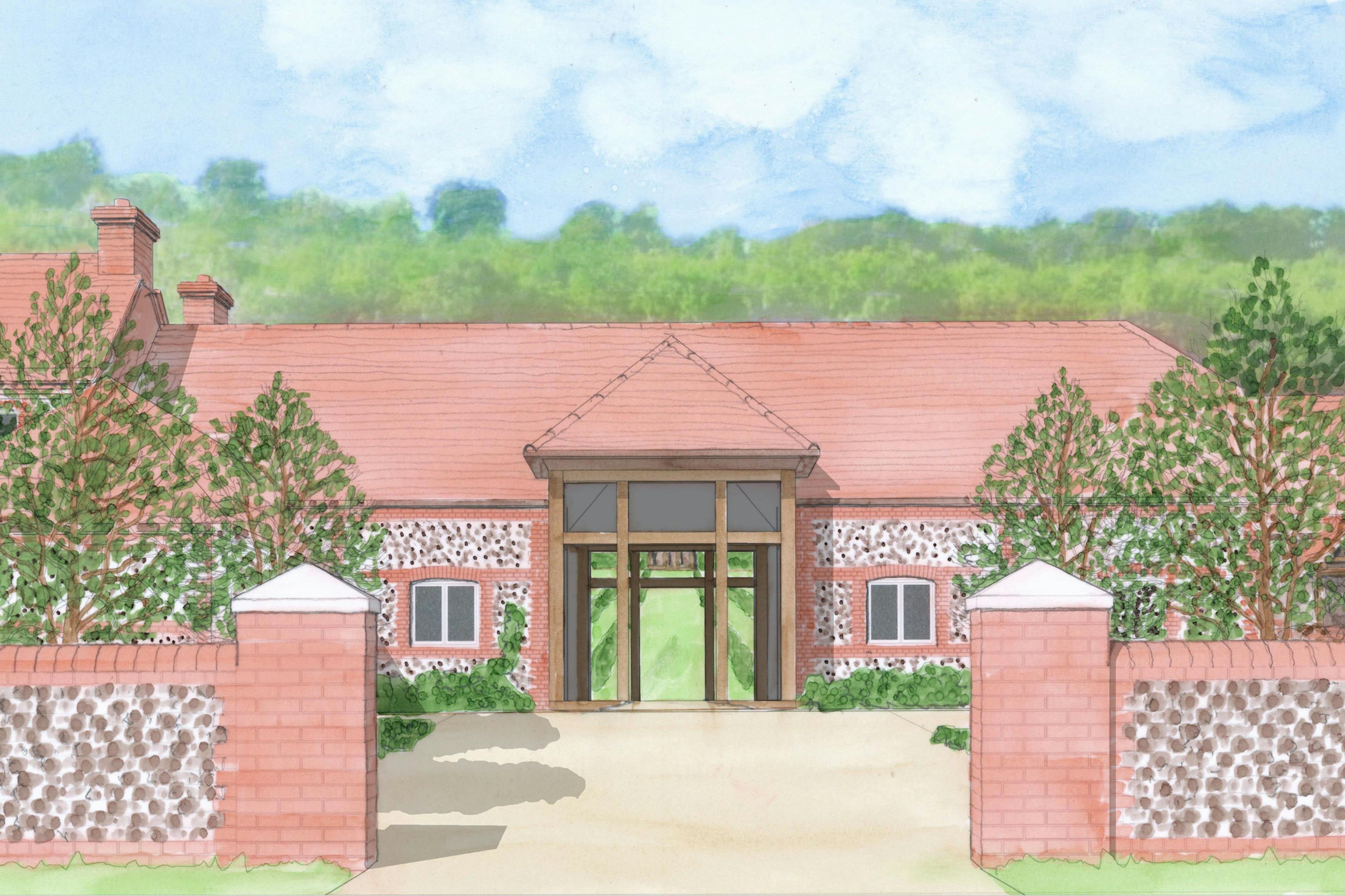 An artist's painting of a large winery building with red roof tiles and oak framed balconies and veranda