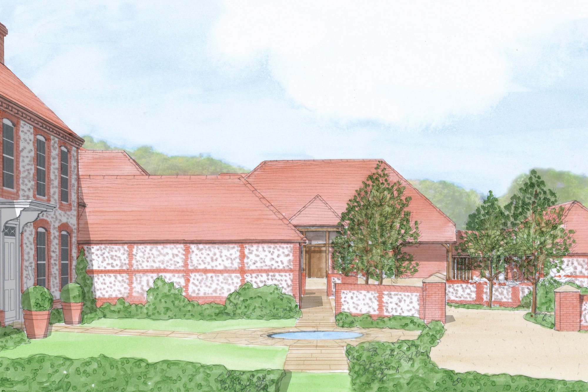 An artist's painting of a large winery building with red roof tiles and oak framed balconies and veranda, and landscaped gardens in front