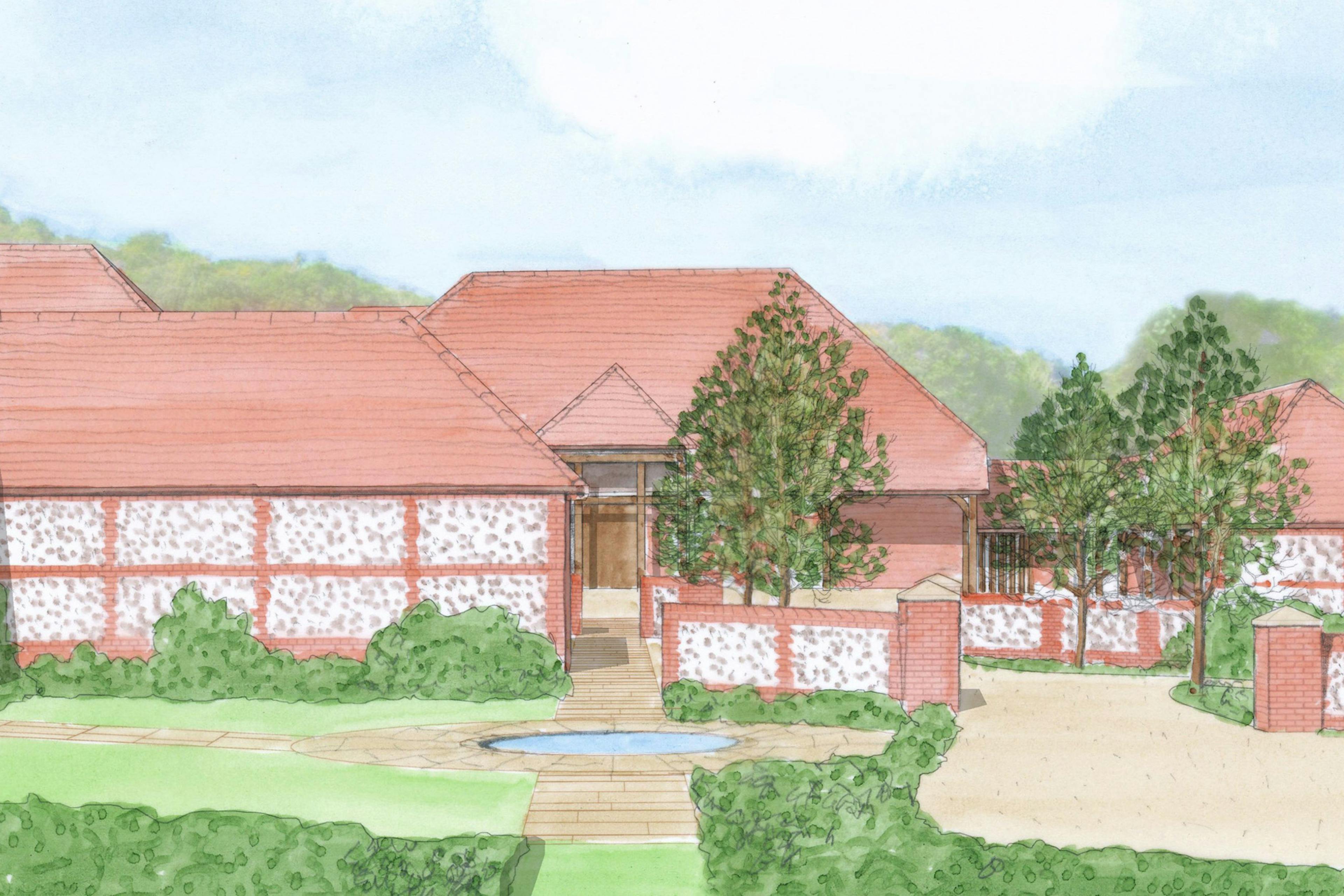 An artist's painting of a large winery building with red roof tiles and oak framed balconies and veranda, and landscaped gardens in front