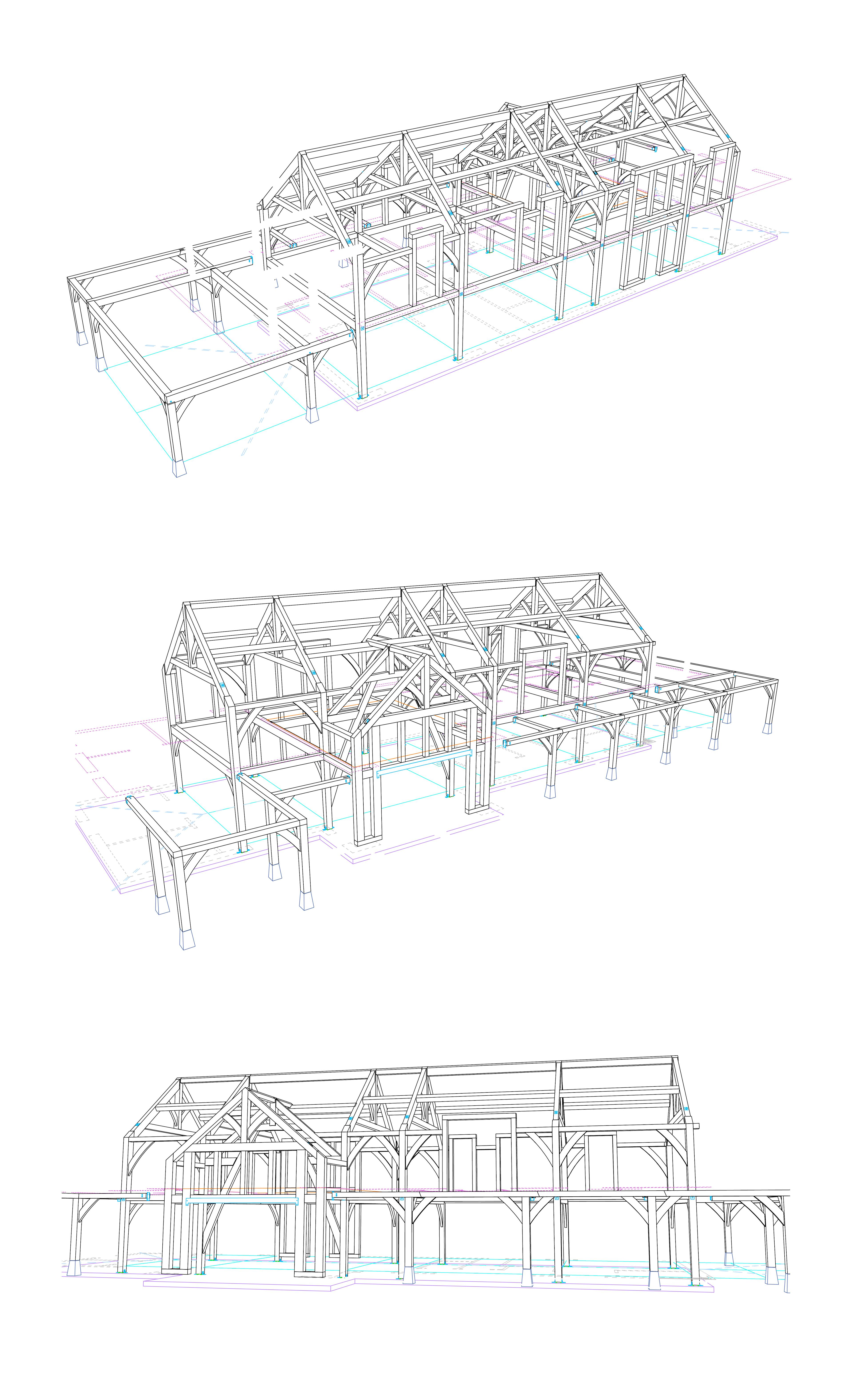 Sketch of a two-story home with an oak frame structure
