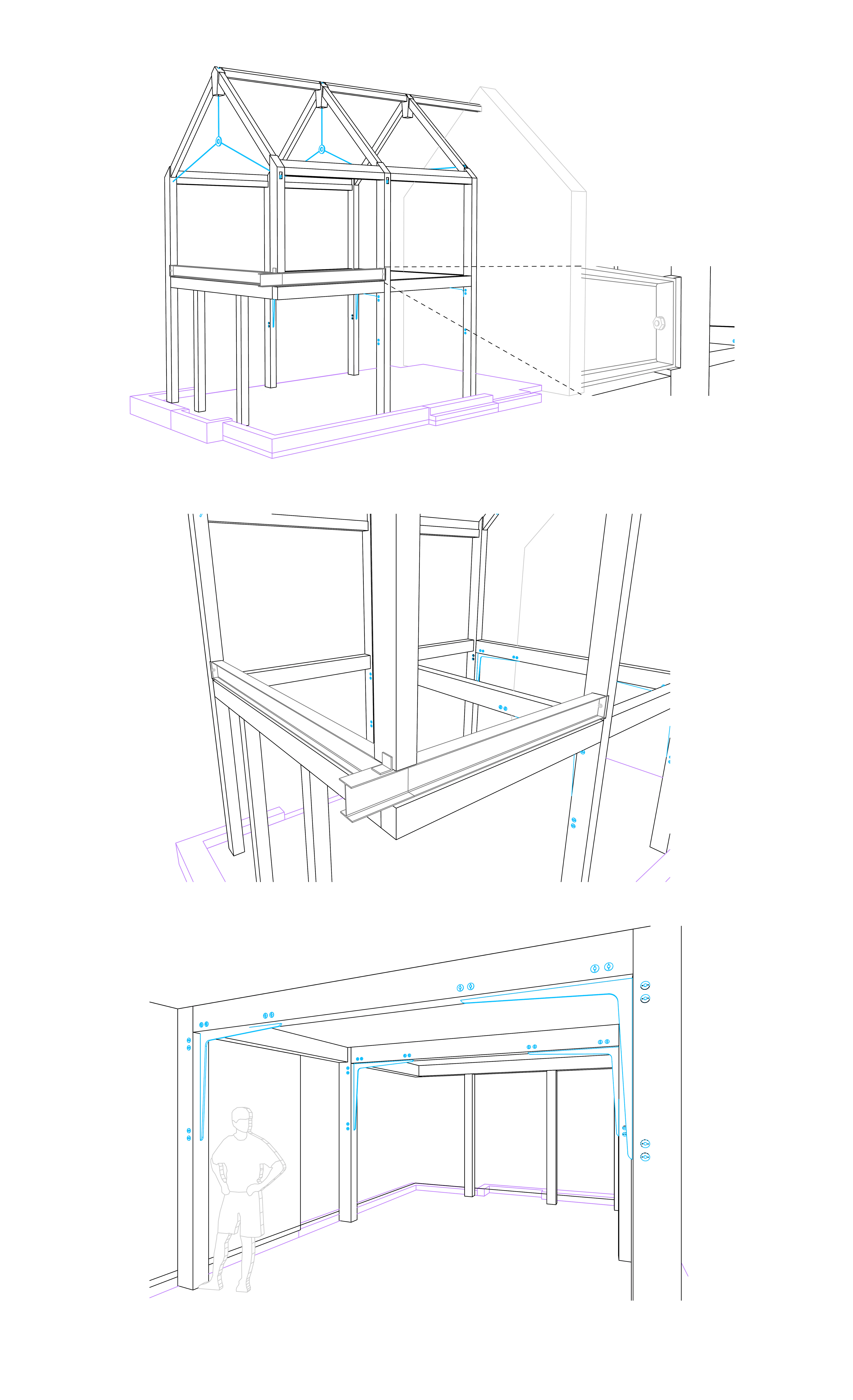 Sketch of a two-story extension featuring a hybrid oak and steel frame design