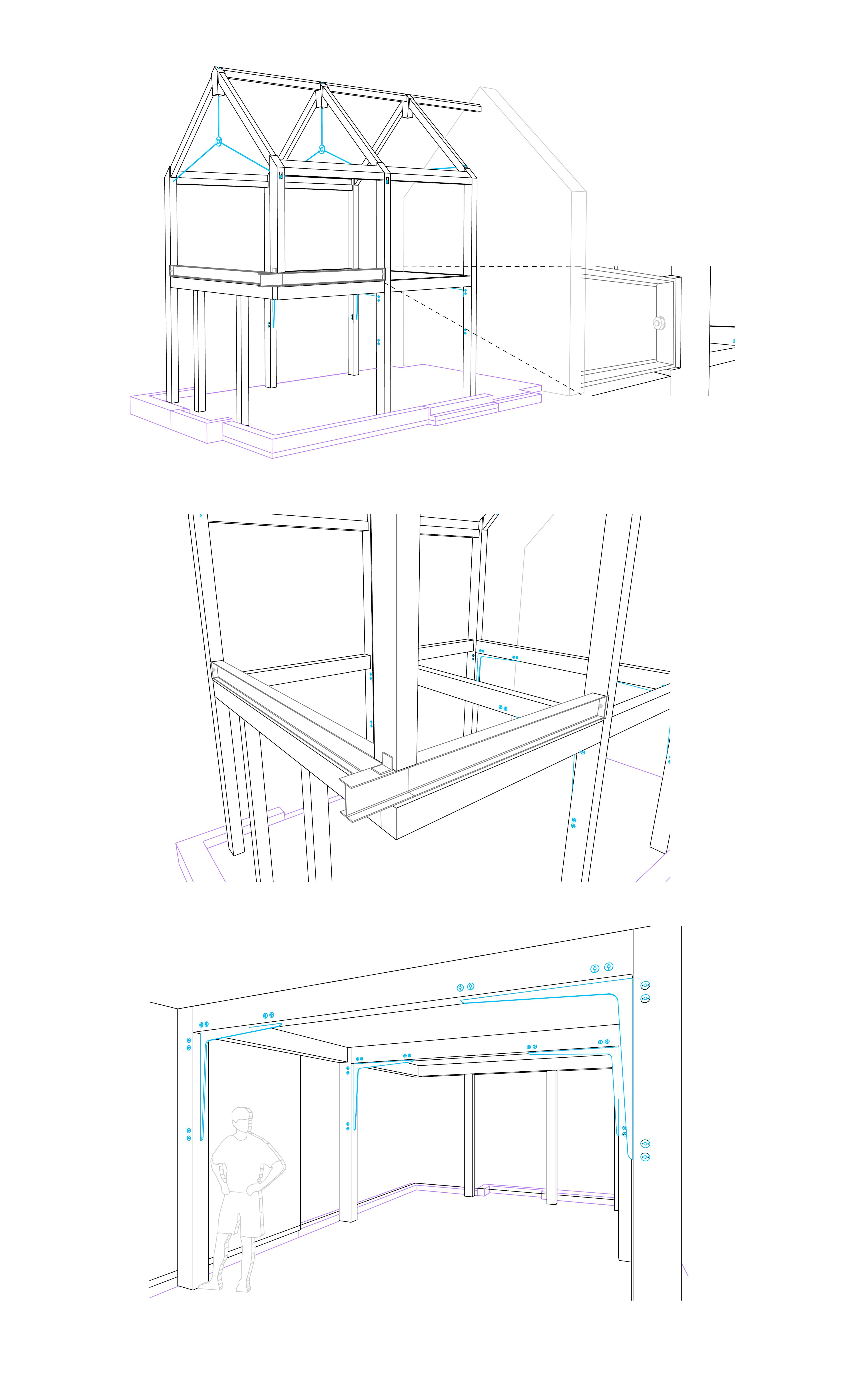 Sketch of a two-story extension featuring a hybrid oak and steel frame design