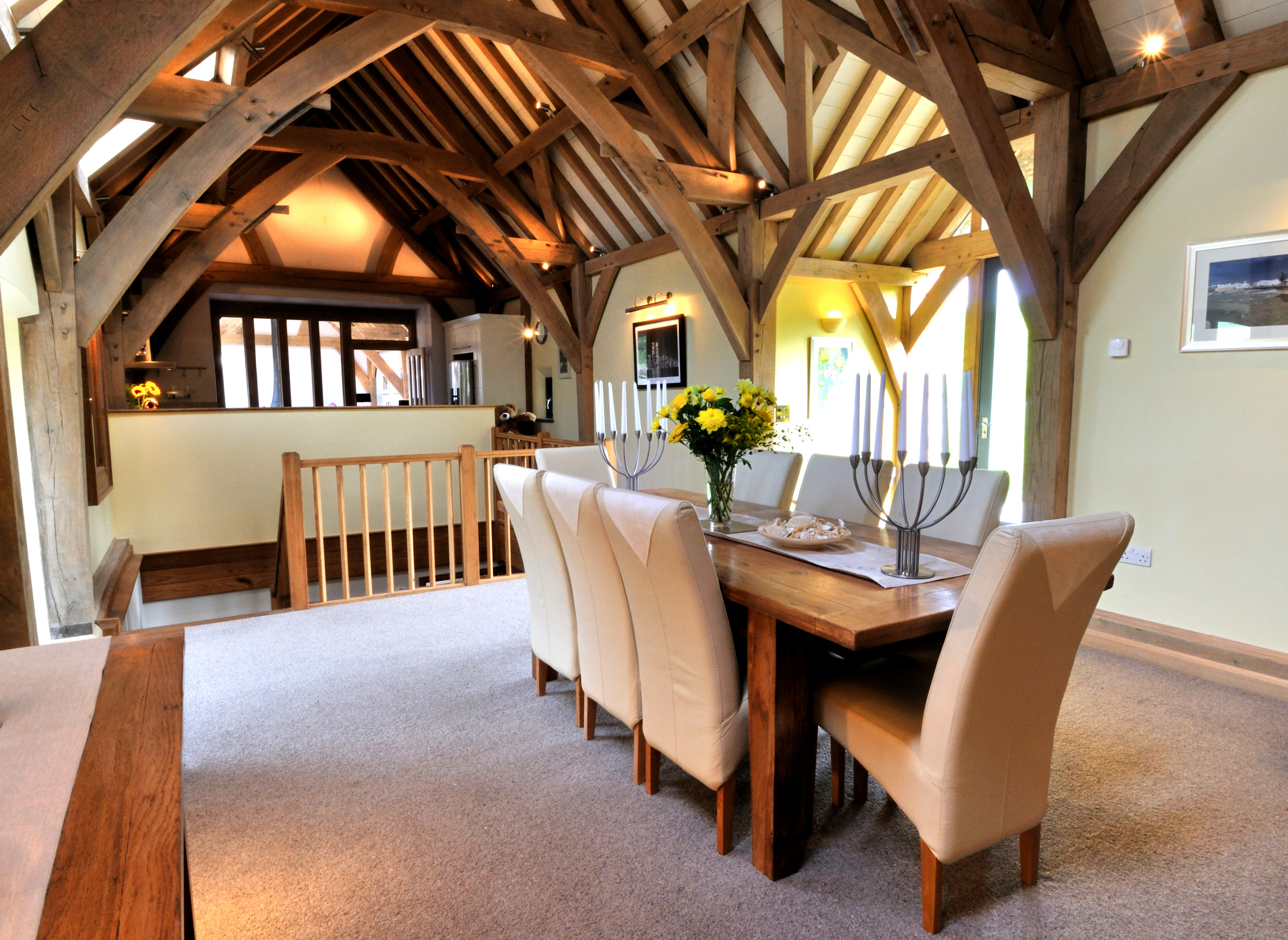 An oak framed open plan dining and living area