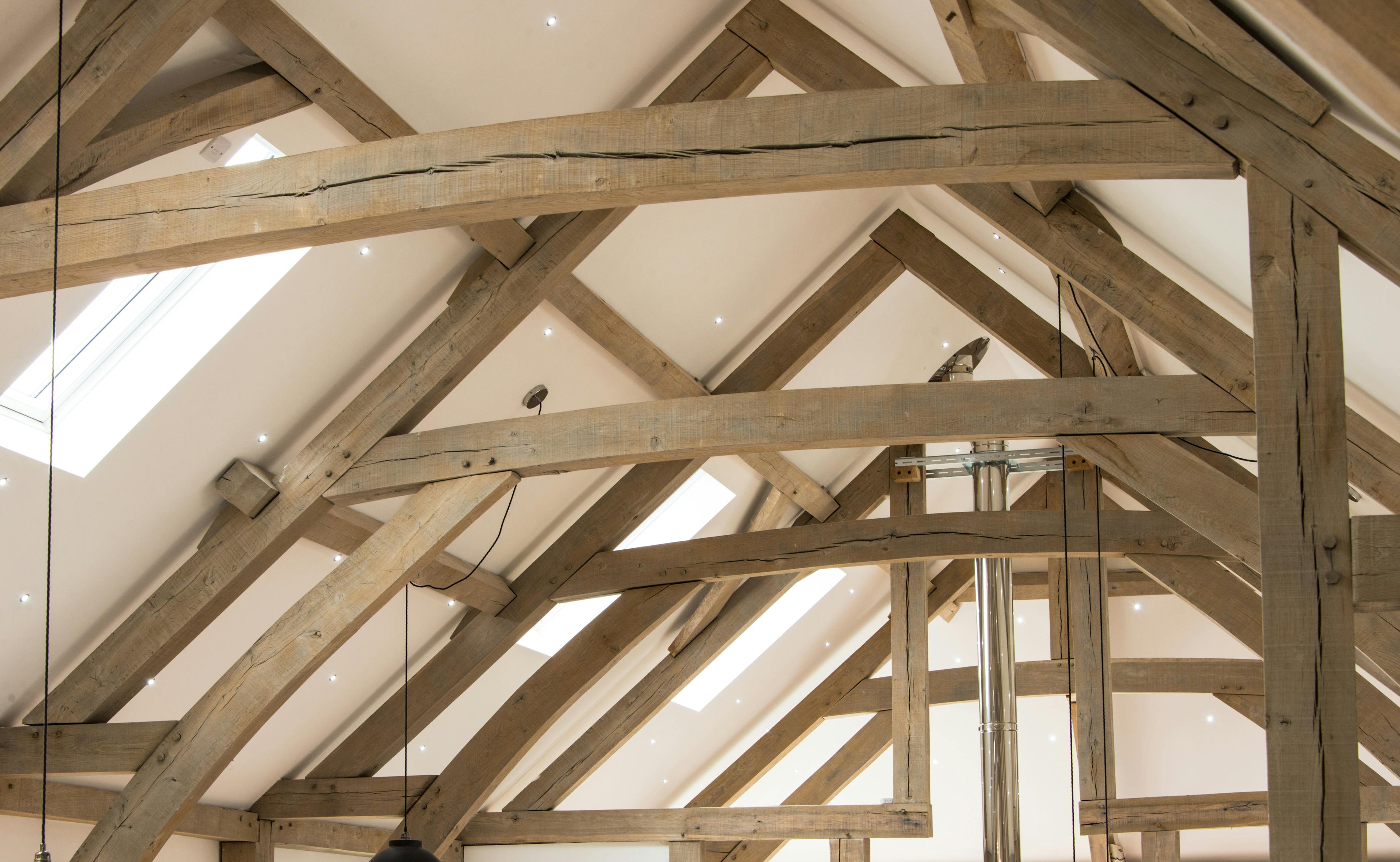 A vaulted oak framed open plan room
