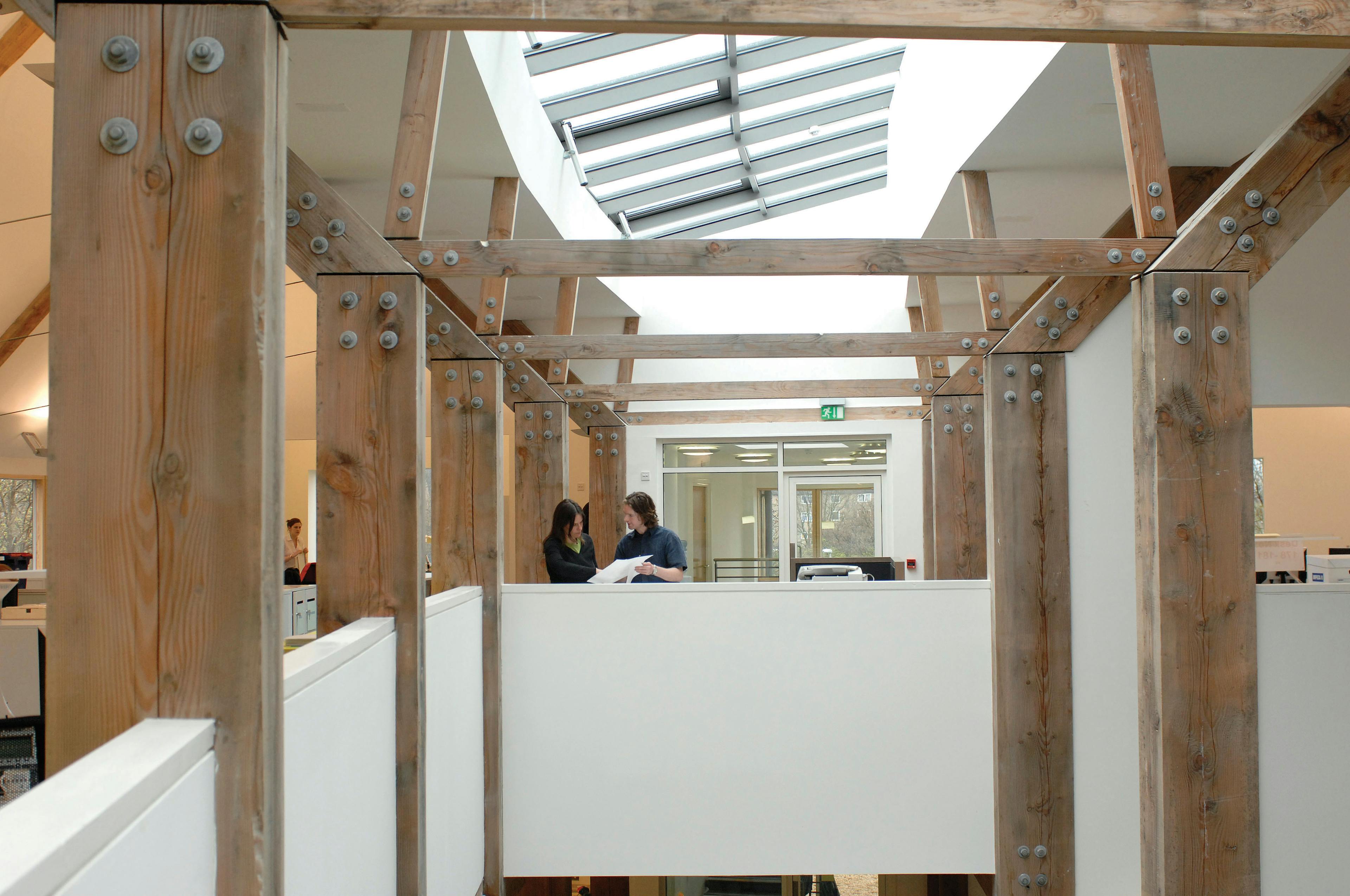 Large Douglas fir posts in a large building with rooflights