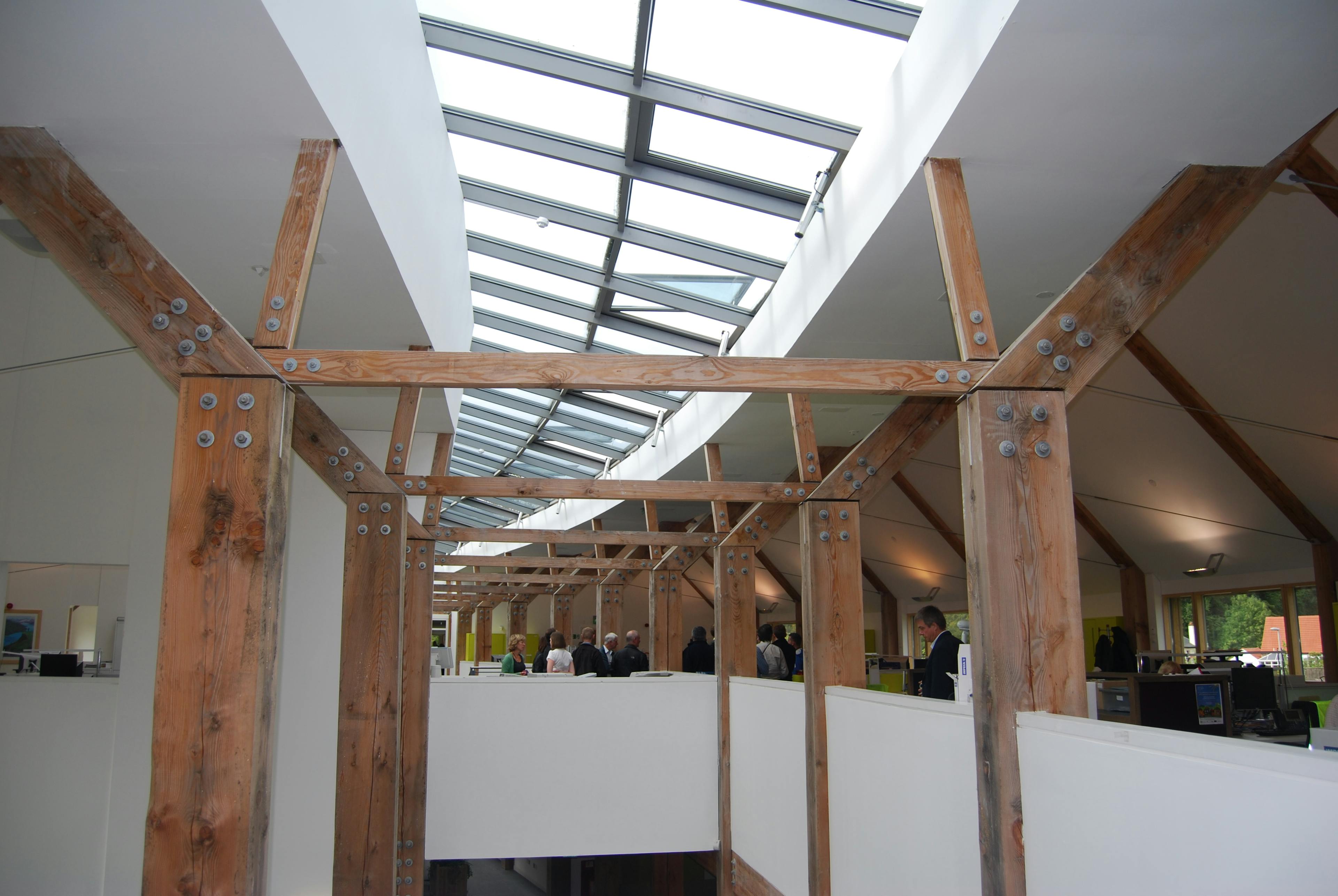 Large Douglas fir posts in a large building with rooflights