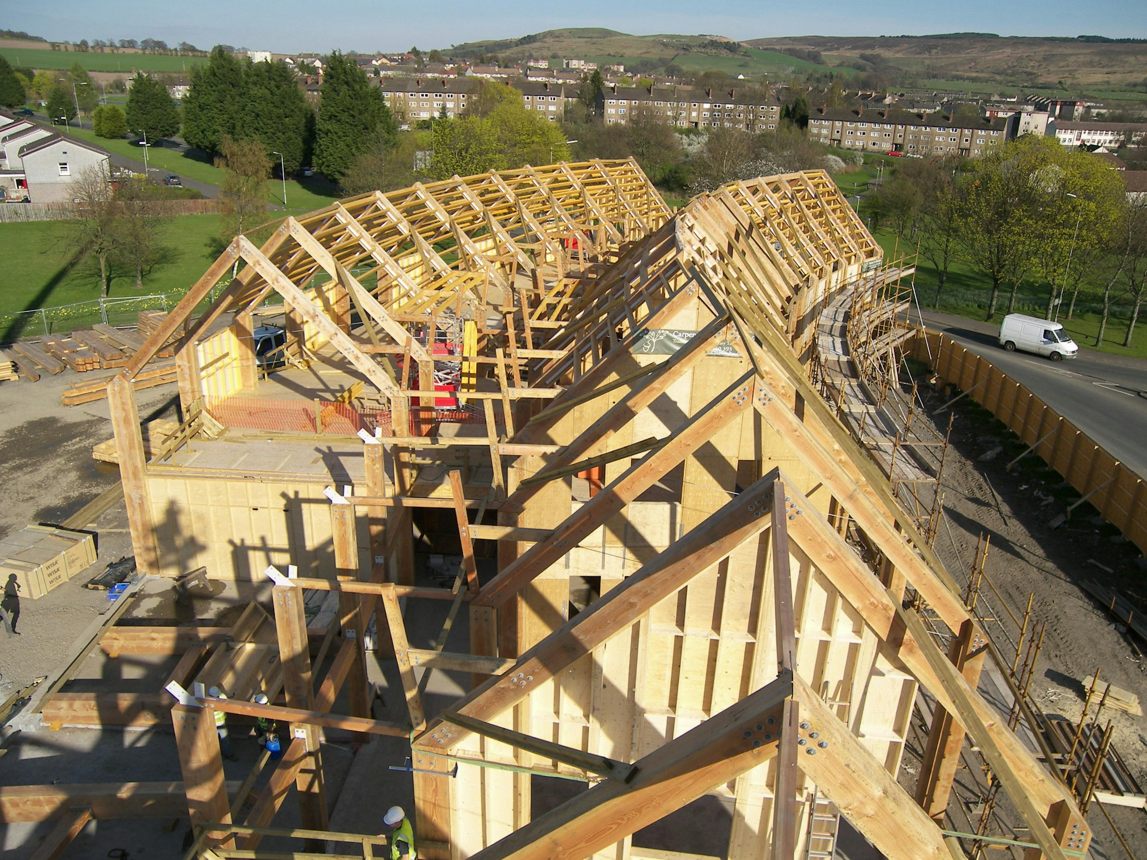 The view above a curved Douglas fir frame during installation