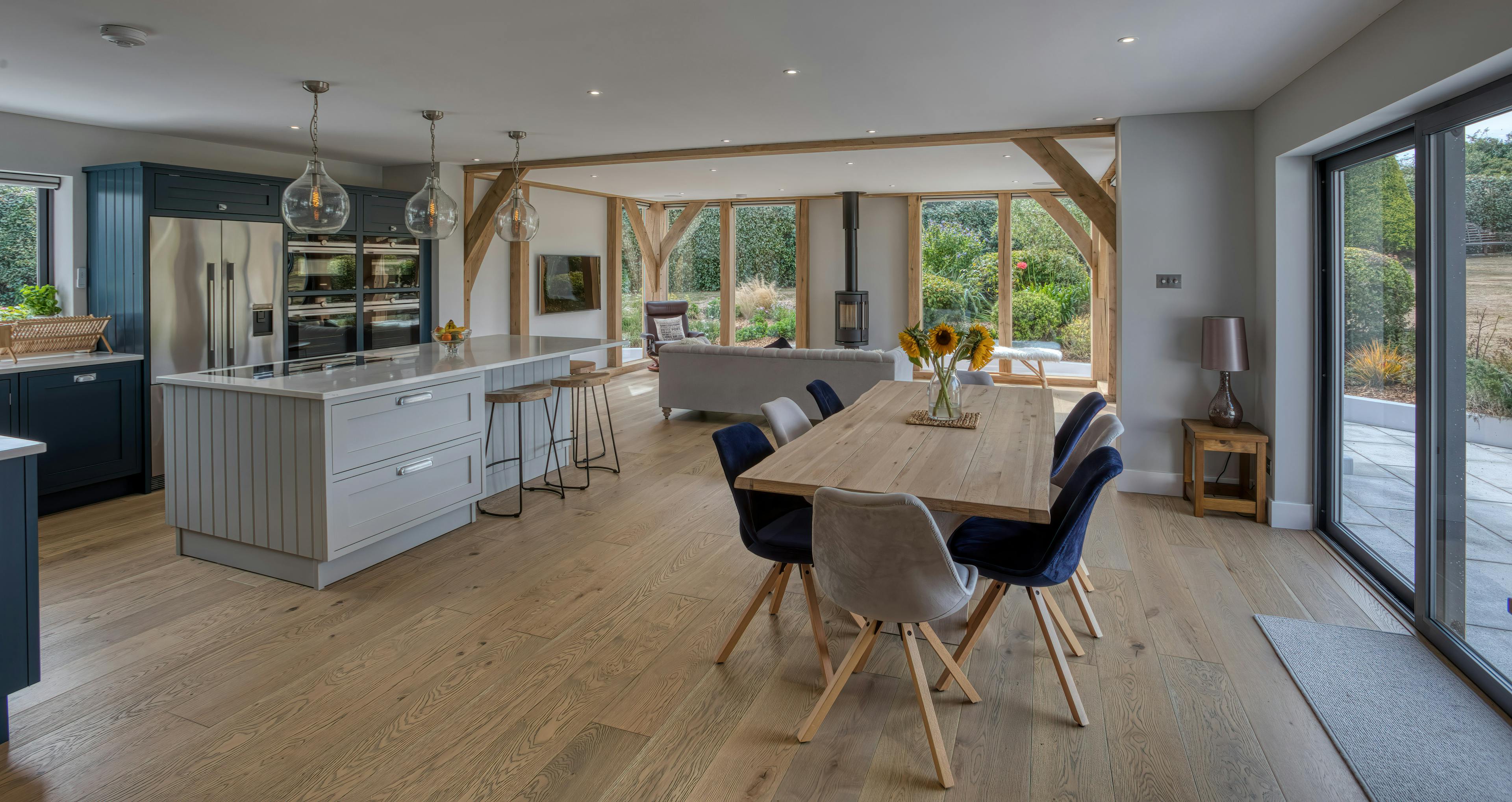 Interior view of an open-plan oak-framed extension