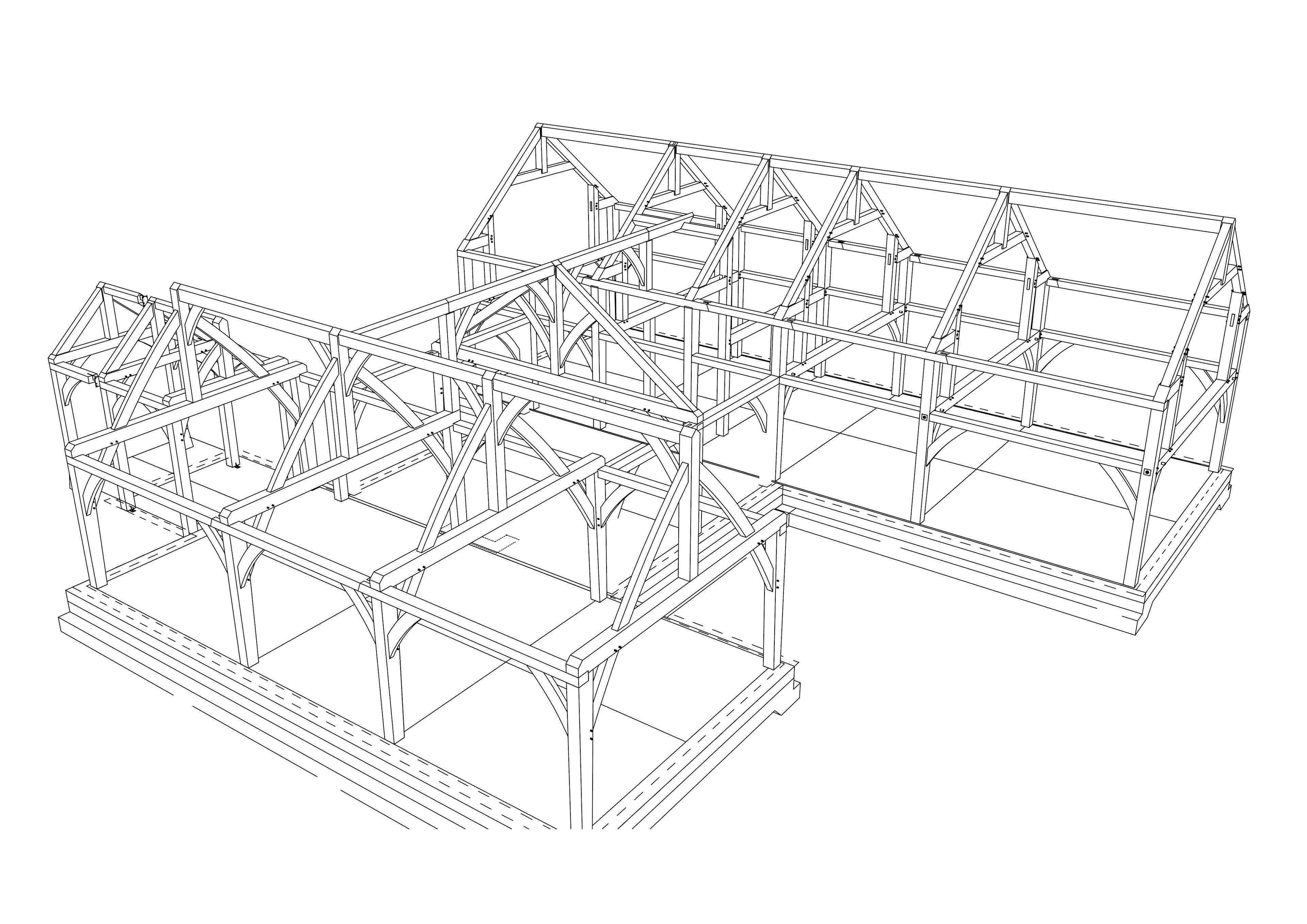 A 3d frame drawing sketch of an oak framed home