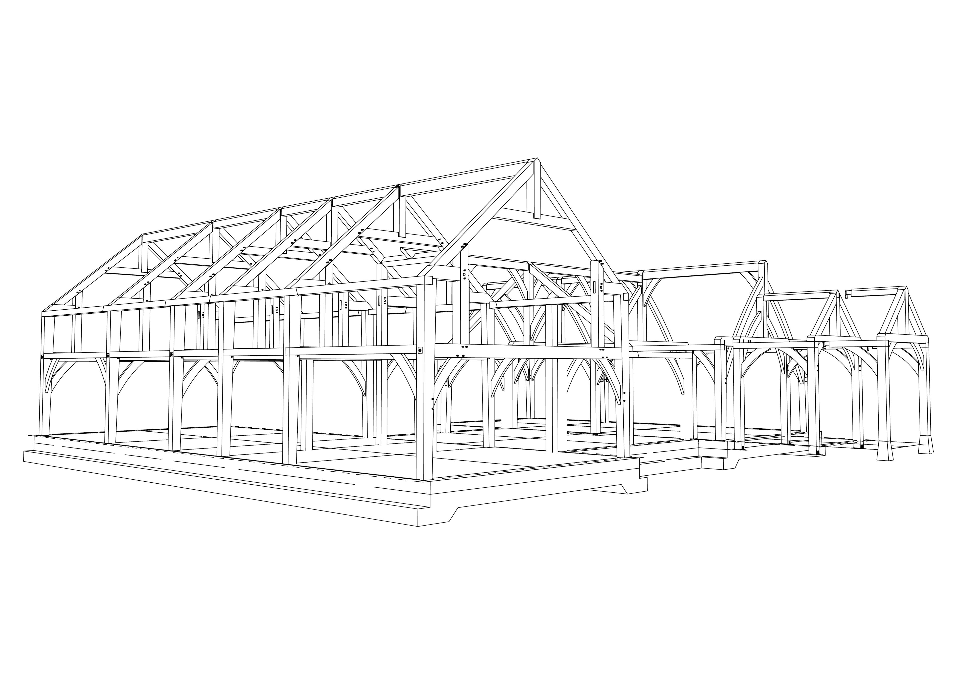A 3d frame drawing sketch of an oak framed home