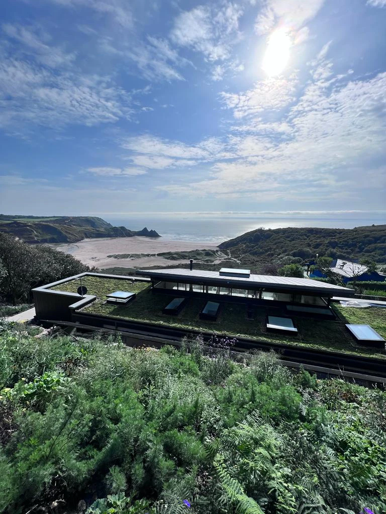 Sun shines on the sedum roof of a new build home with views of the beach below and the sea