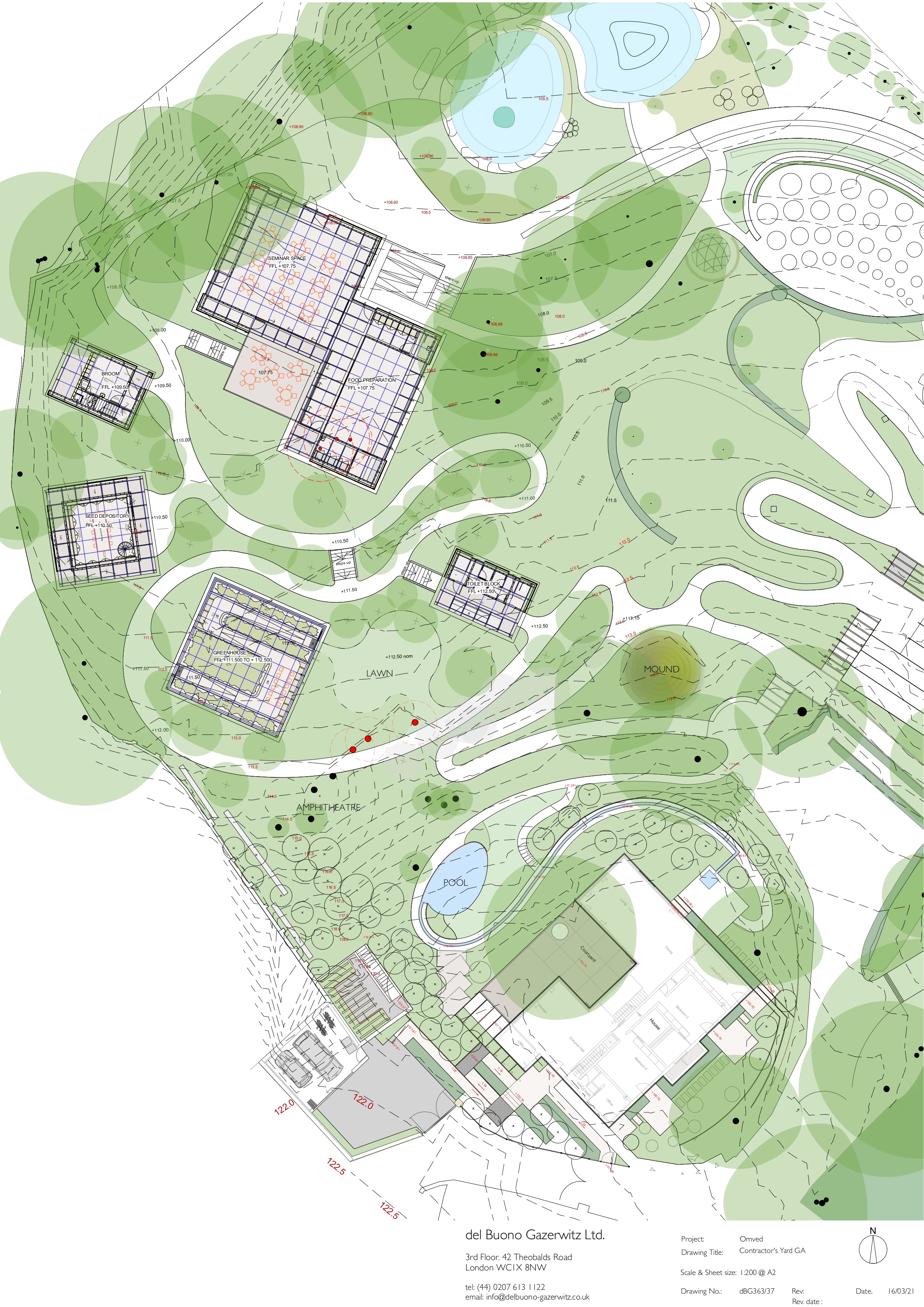 An illustrated birds eye view of a site plan with five timber structures