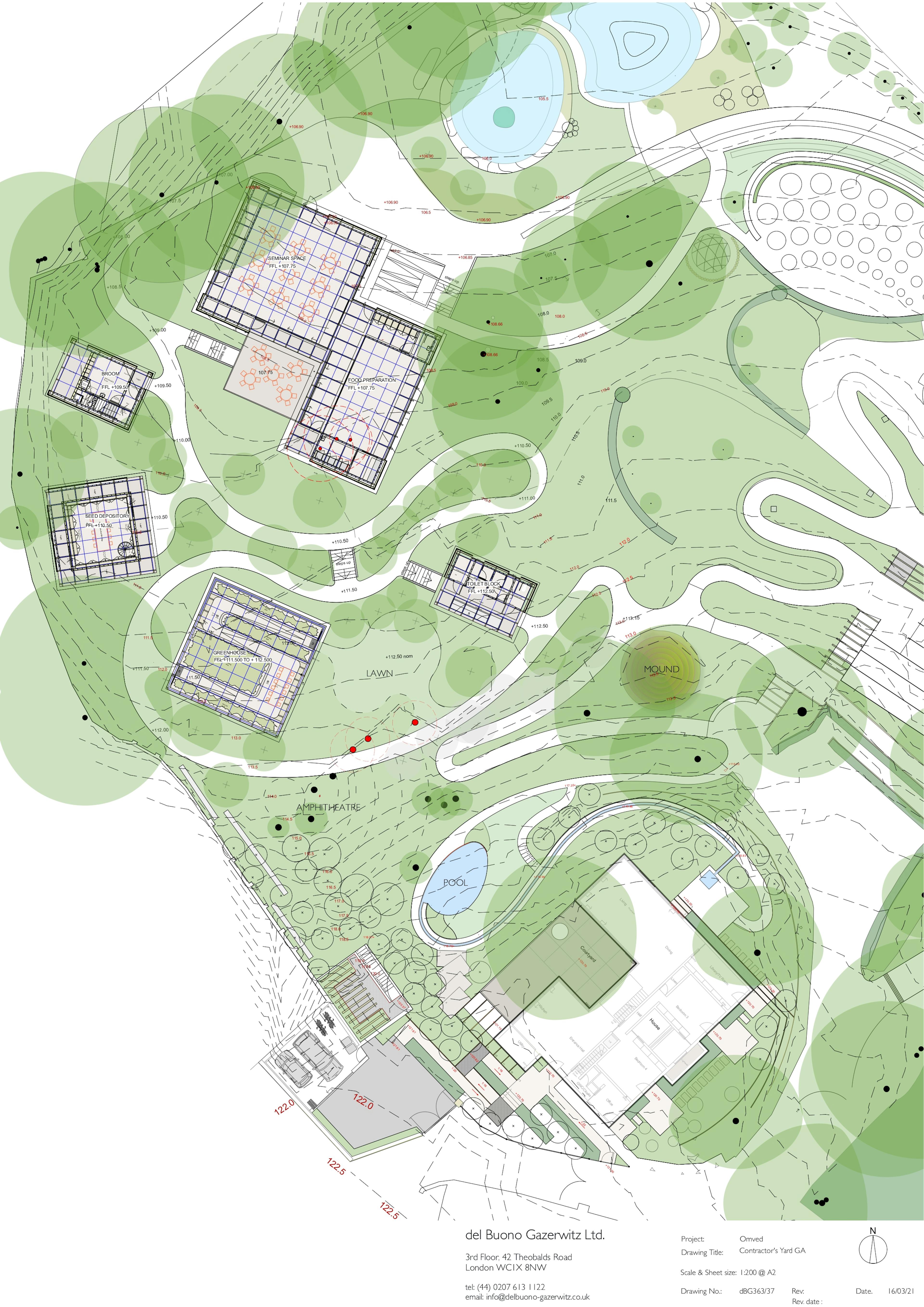 An illustrated birds eye view of a site plan with five timber structures