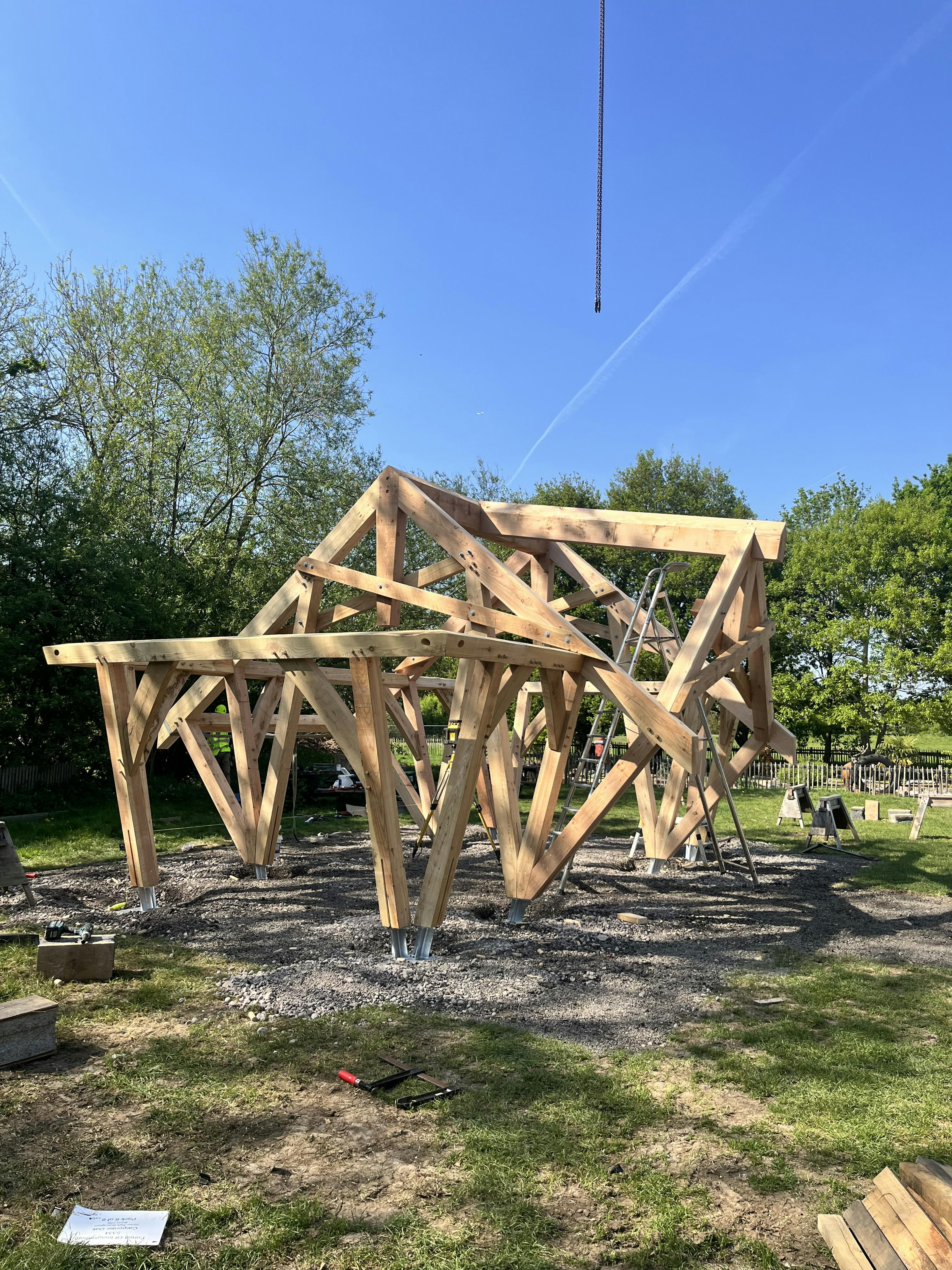 A timber structured outdoor classroom during installation of the frame
