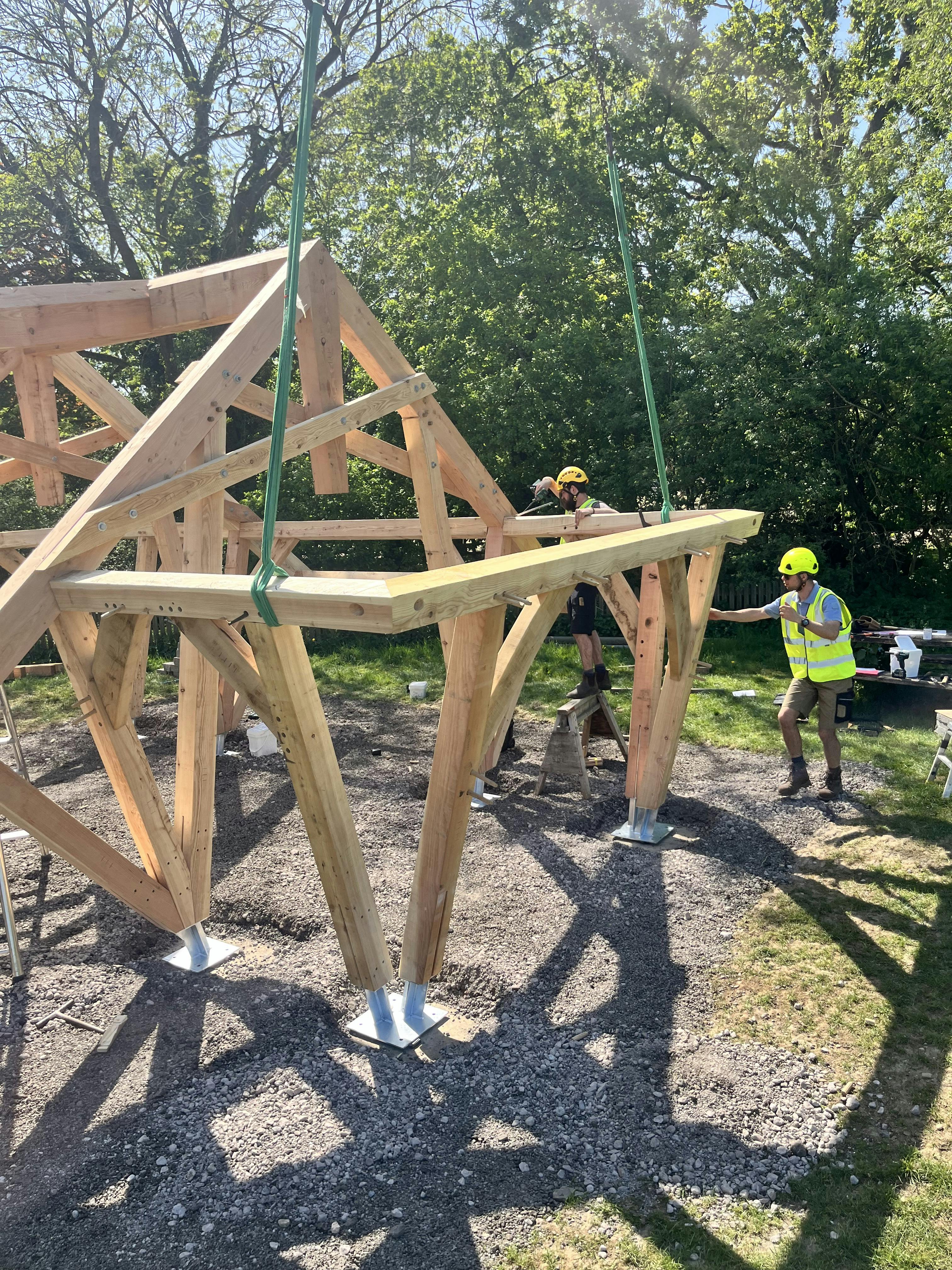 A timber structured outdoor classroom during installation of the frame