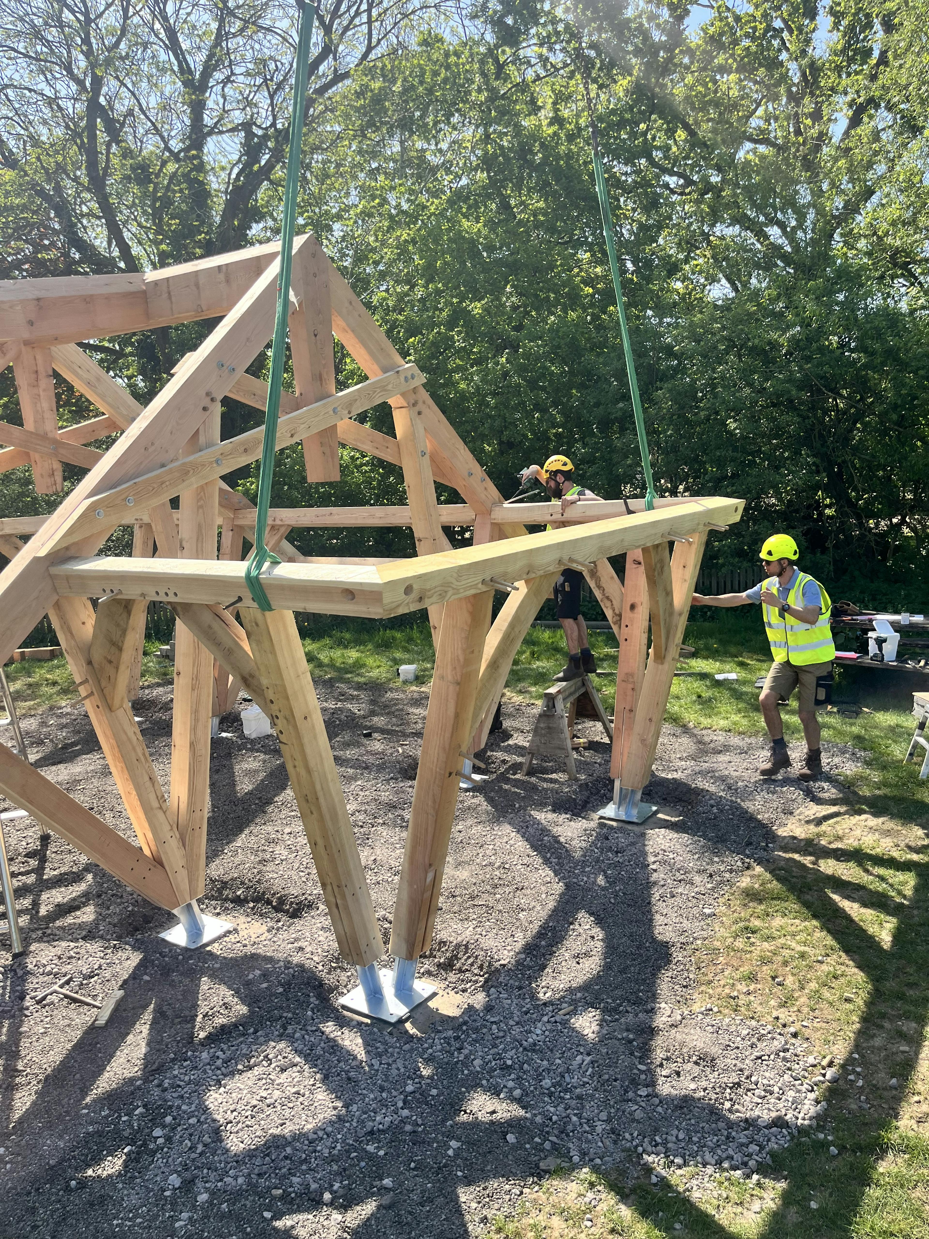 A timber structured outdoor classroom during installation of the frame