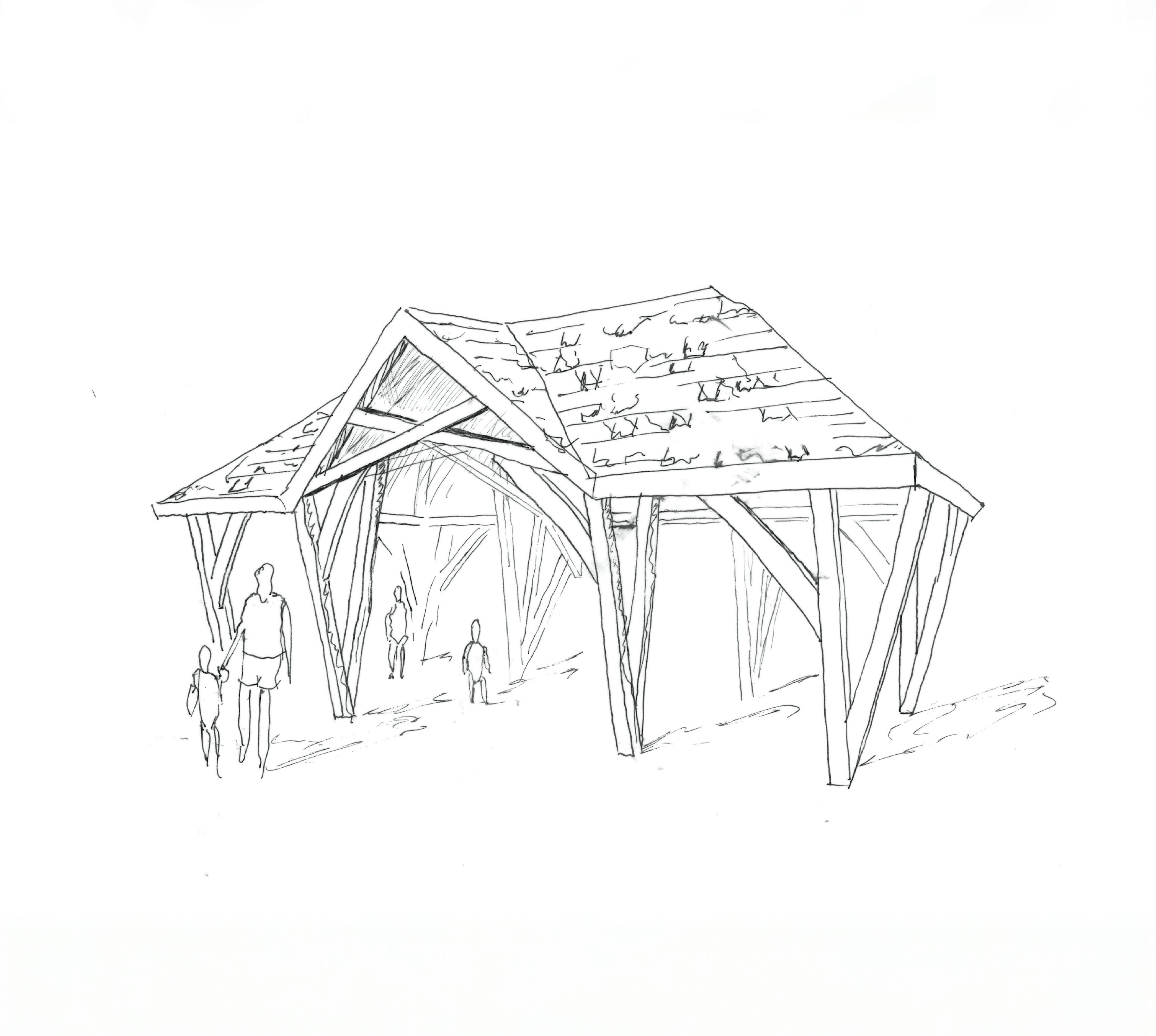 A hand drawn sketch design of a timber structure outdoor classroom