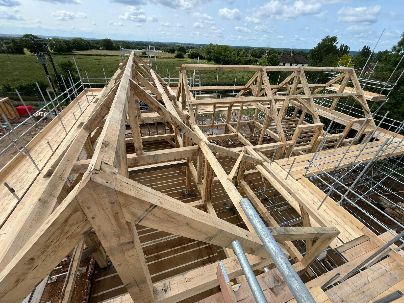An oak frame home during installation
