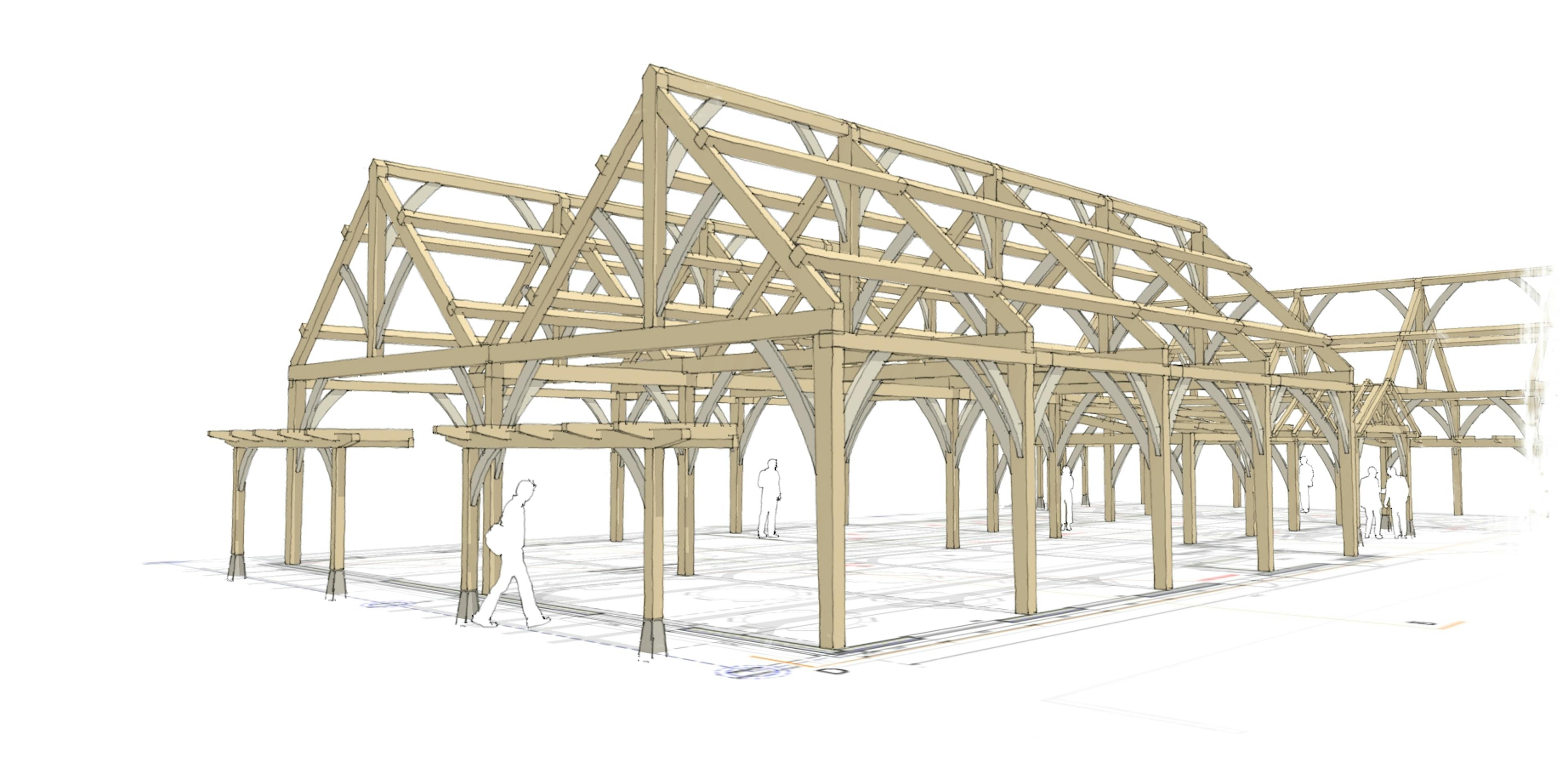 A concept sketch of an oak frame wedding barn