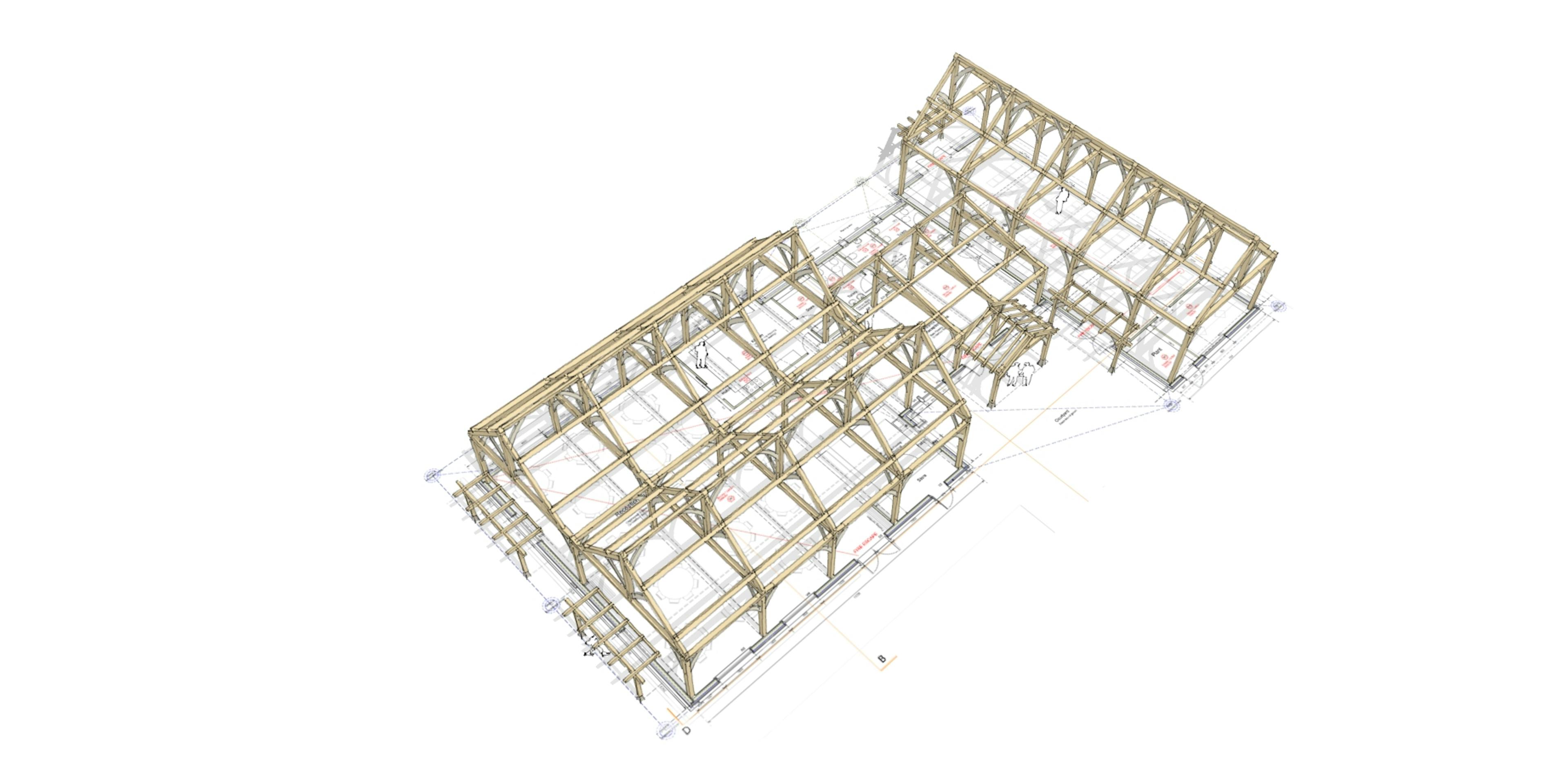 A concept sketch of an oak frame wedding barn from above
