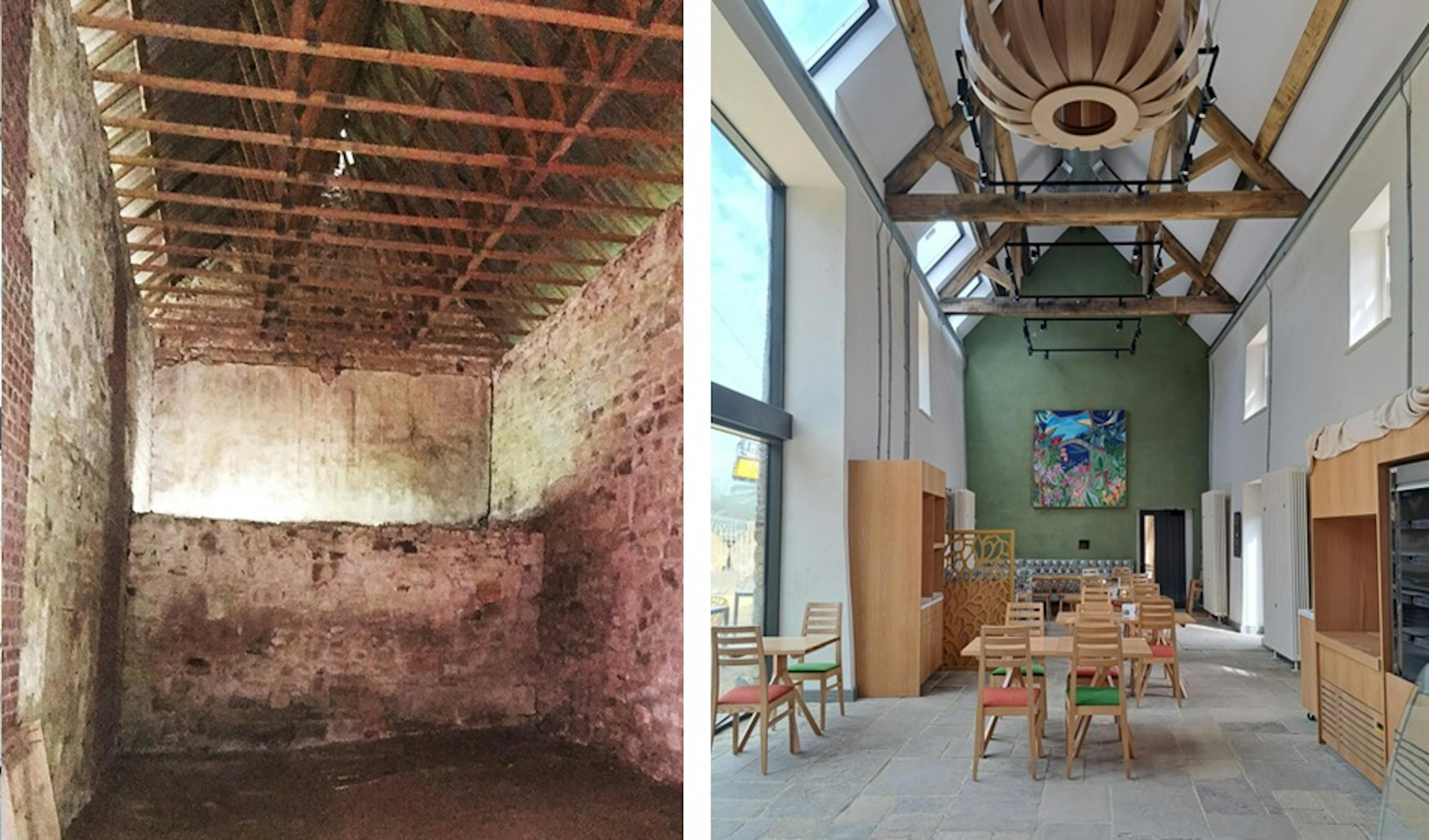 Before and after photos of a renovated coach house to create a new cafe for visitors to Belsay Hall