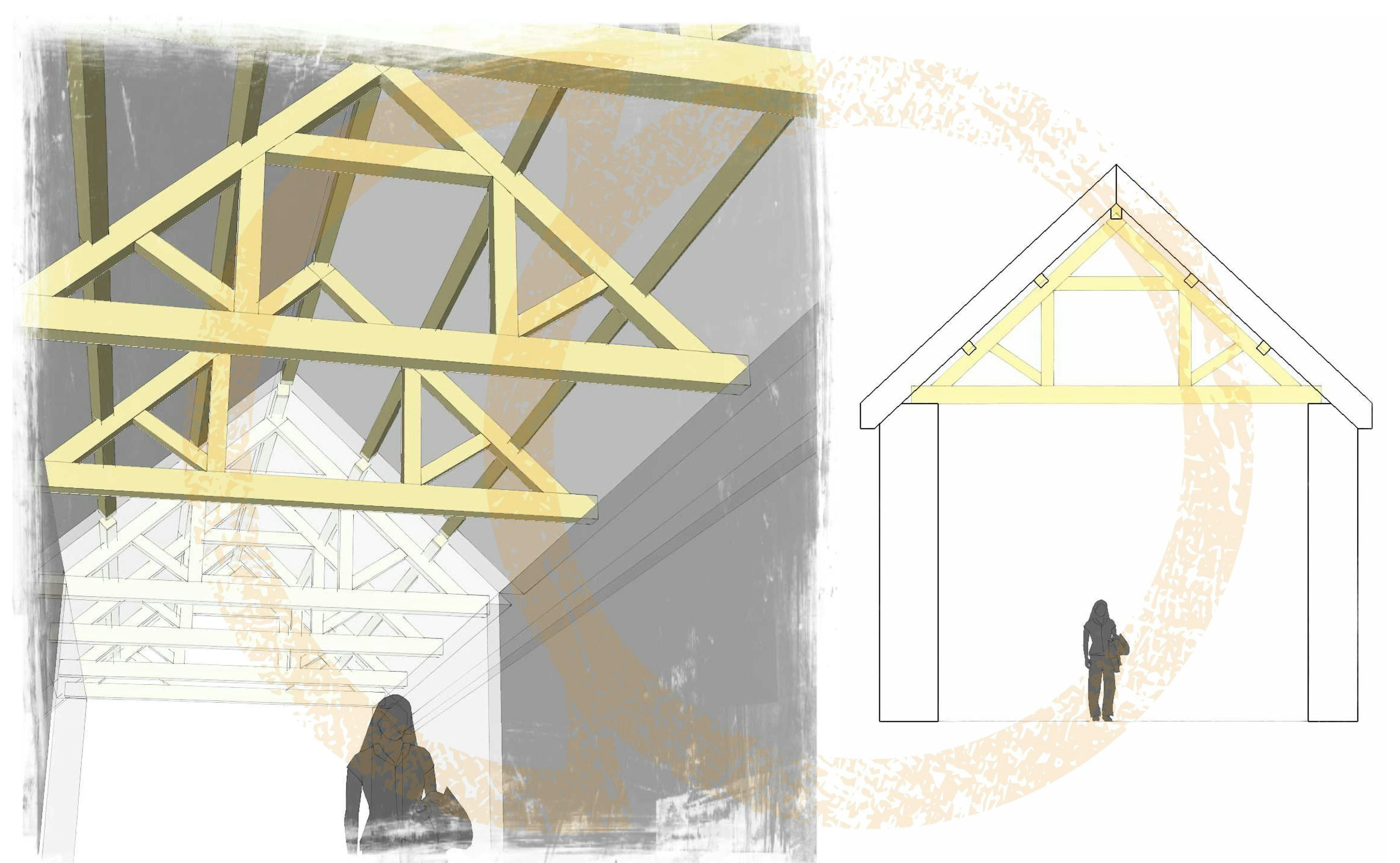 Sketch drawing of oak trusses for a renovated coach house to create a new cafe for visitors to Belsay Hall