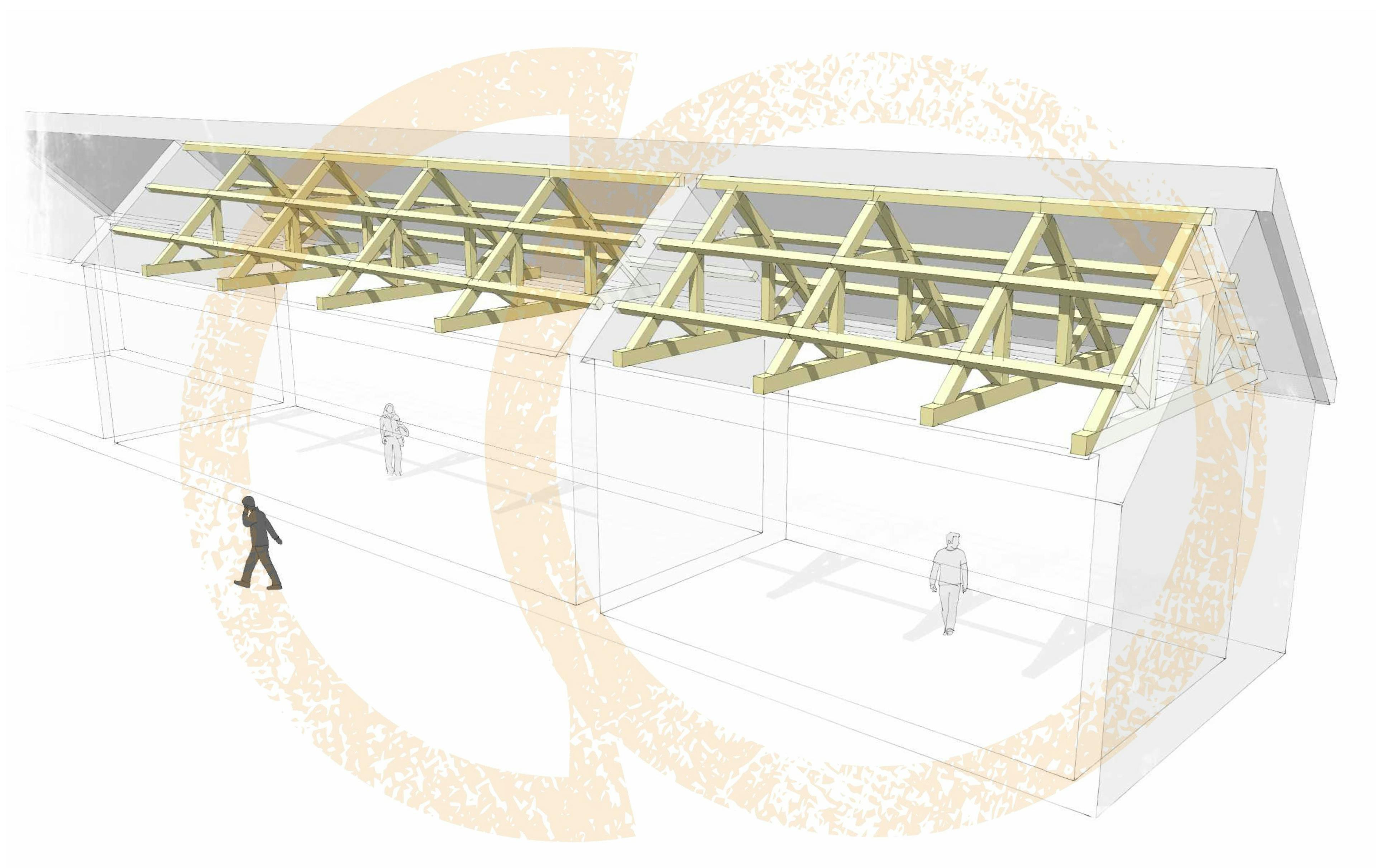 Sketch drawing of oak trusses for a renovated coach house to create a new cafe for visitors to Belsay Hall
