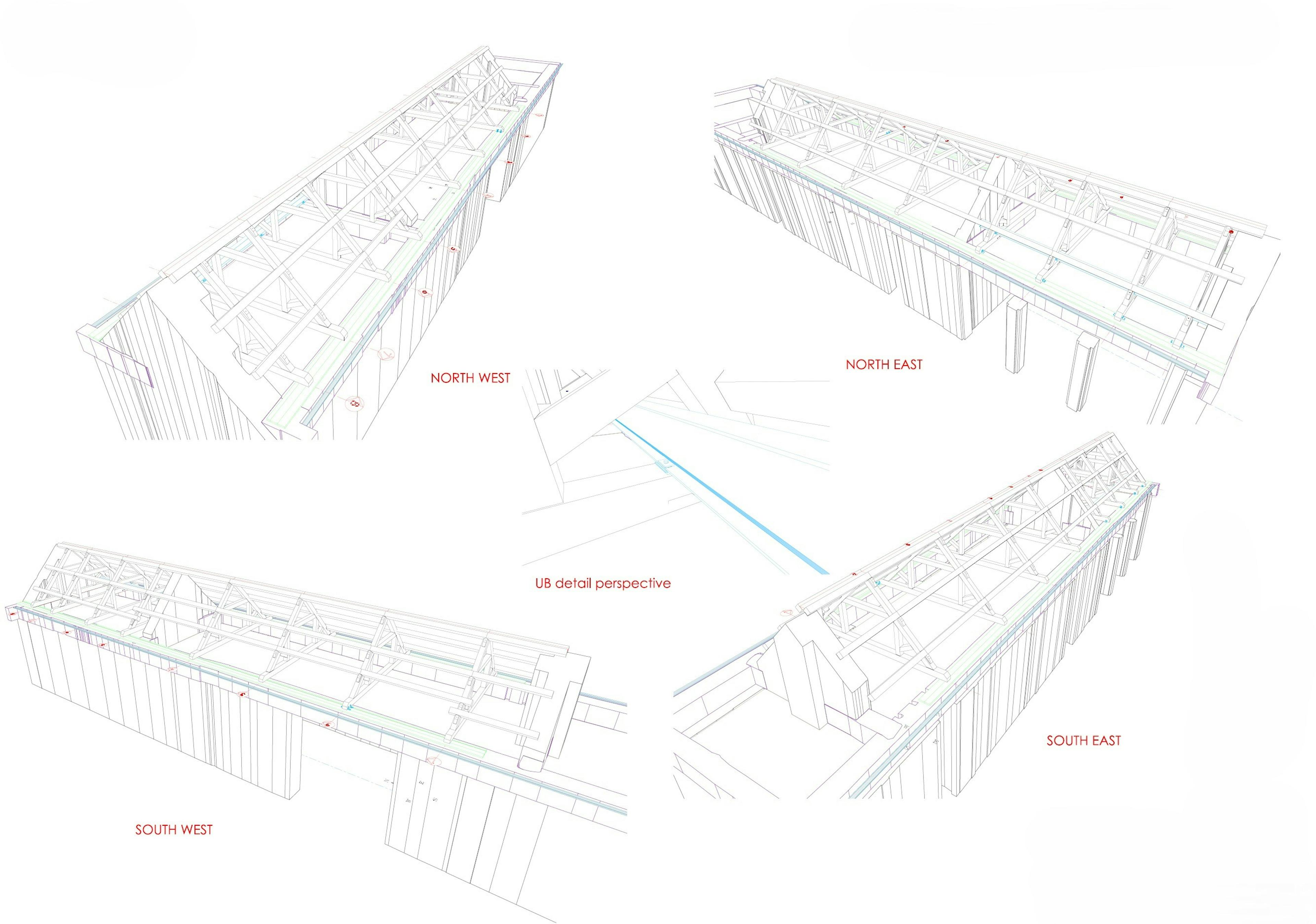 Detailed frame drawing of oak trusses for a renovated coach house to create a new cafe for visitors to Belsay Hall