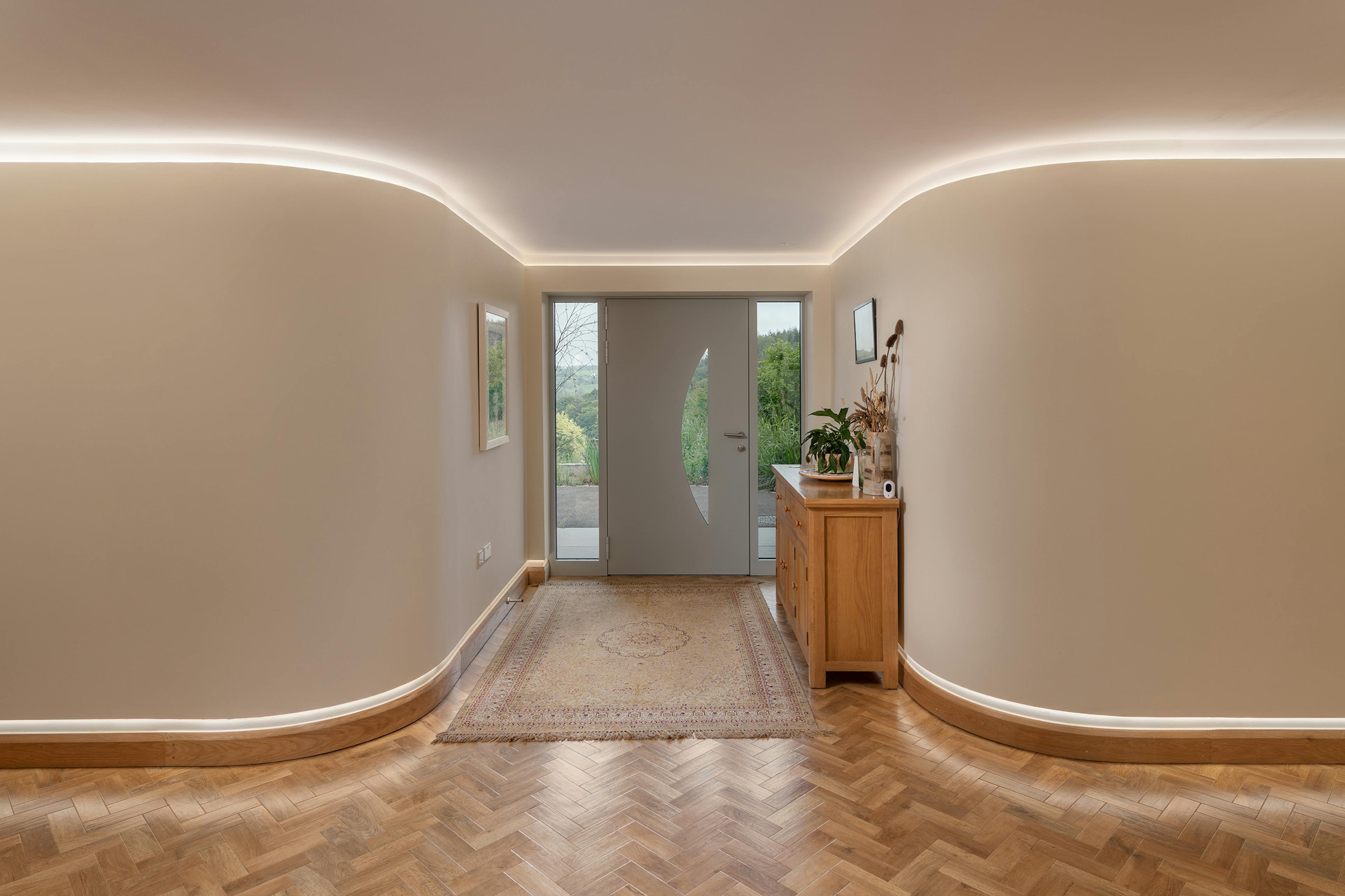 An entranceway with curved walls