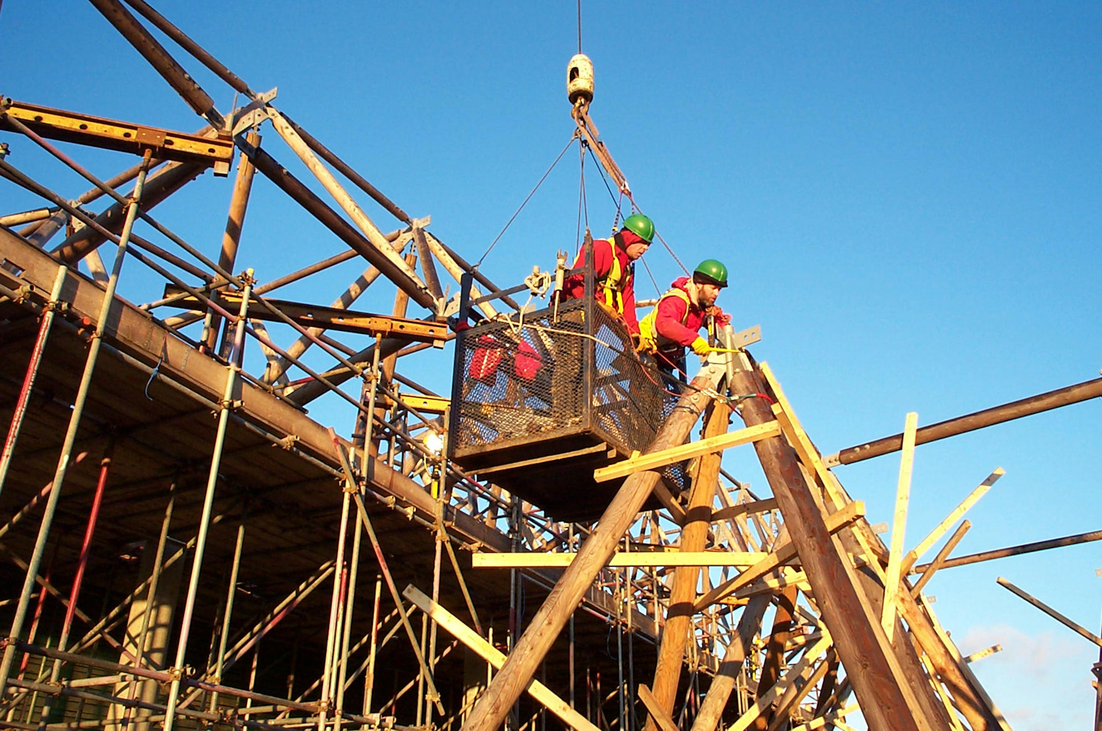 Solar canopy under assembly by carpenters at Earth Centre site in Doncaster