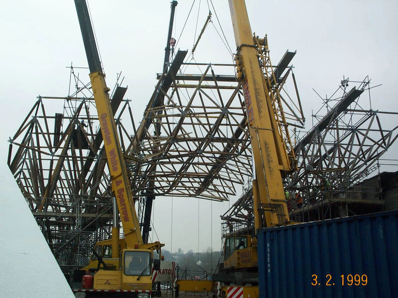 Crane lifting timber components at the Earth Centre construction site in Doncaster