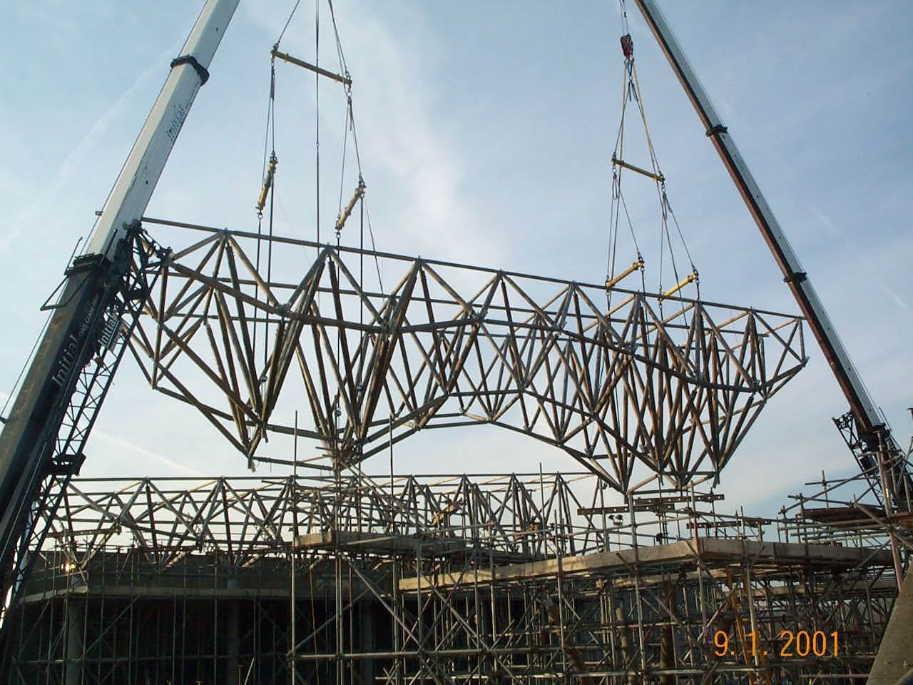 Heavy crane performing a lift during solar canopy assembly at the Earth Centre, Doncaster