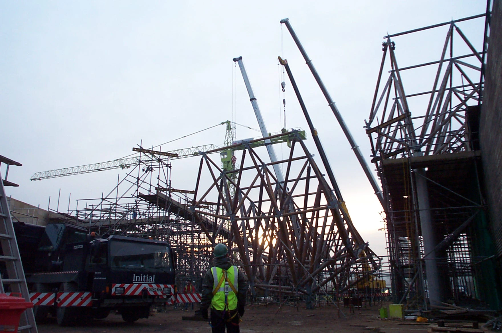 Solar canopy section being hoisted by crane during assembly at Earth Centre, Doncaster